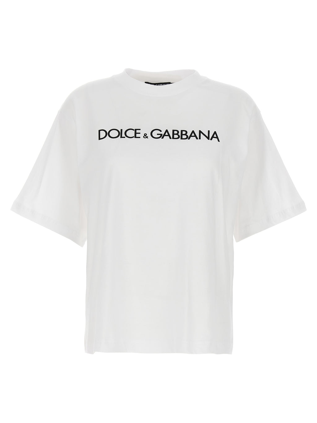 T-shirt blanc en coton de Dolce & Gabbana, coupe classique, avec logo discret sur la poitrine, porté sur mannequin.