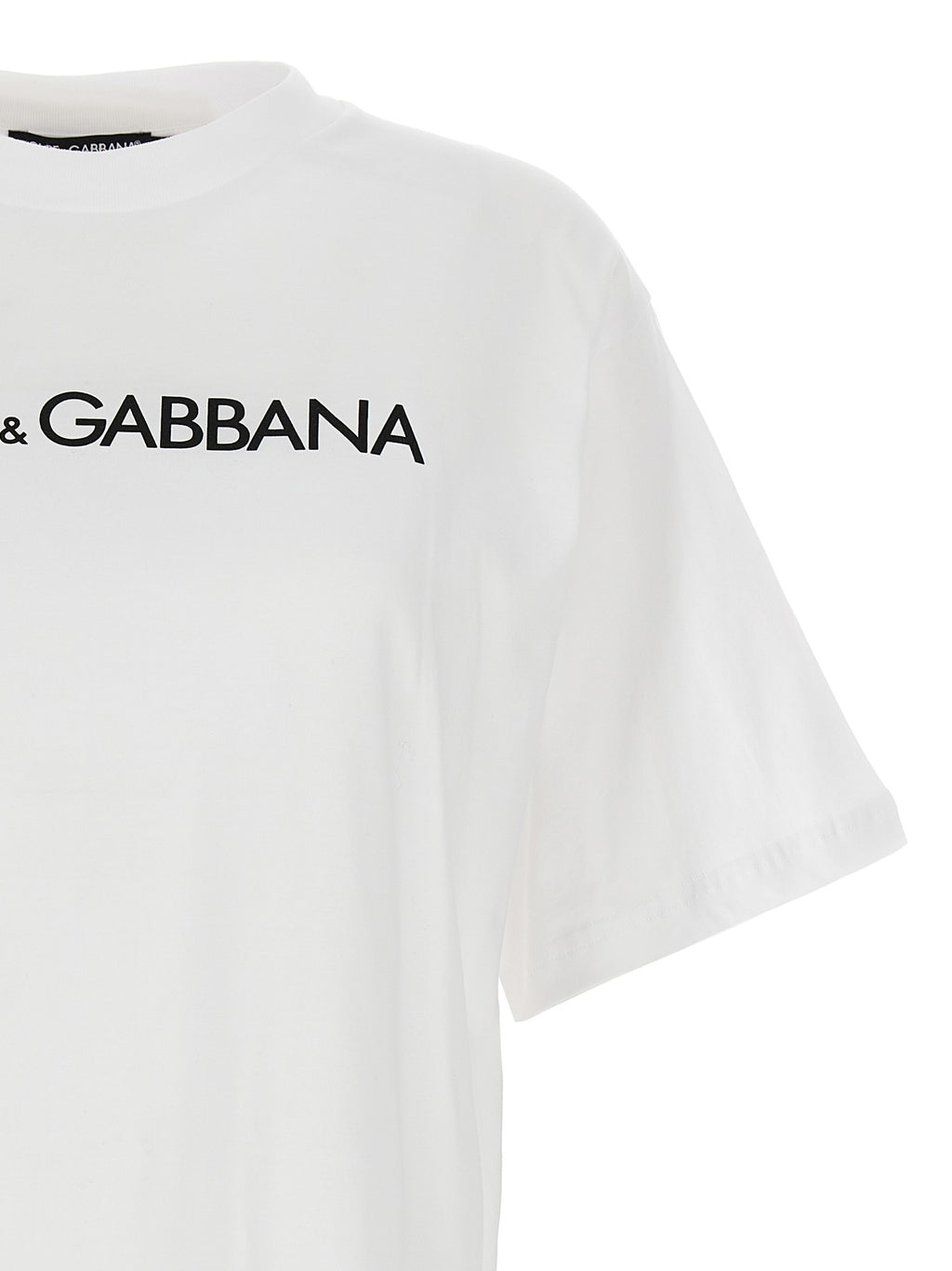 T-shirt blanc en coton de Dolce & Gabbana, style élégant avec logo de la marque visible, porté sur un mannequin.