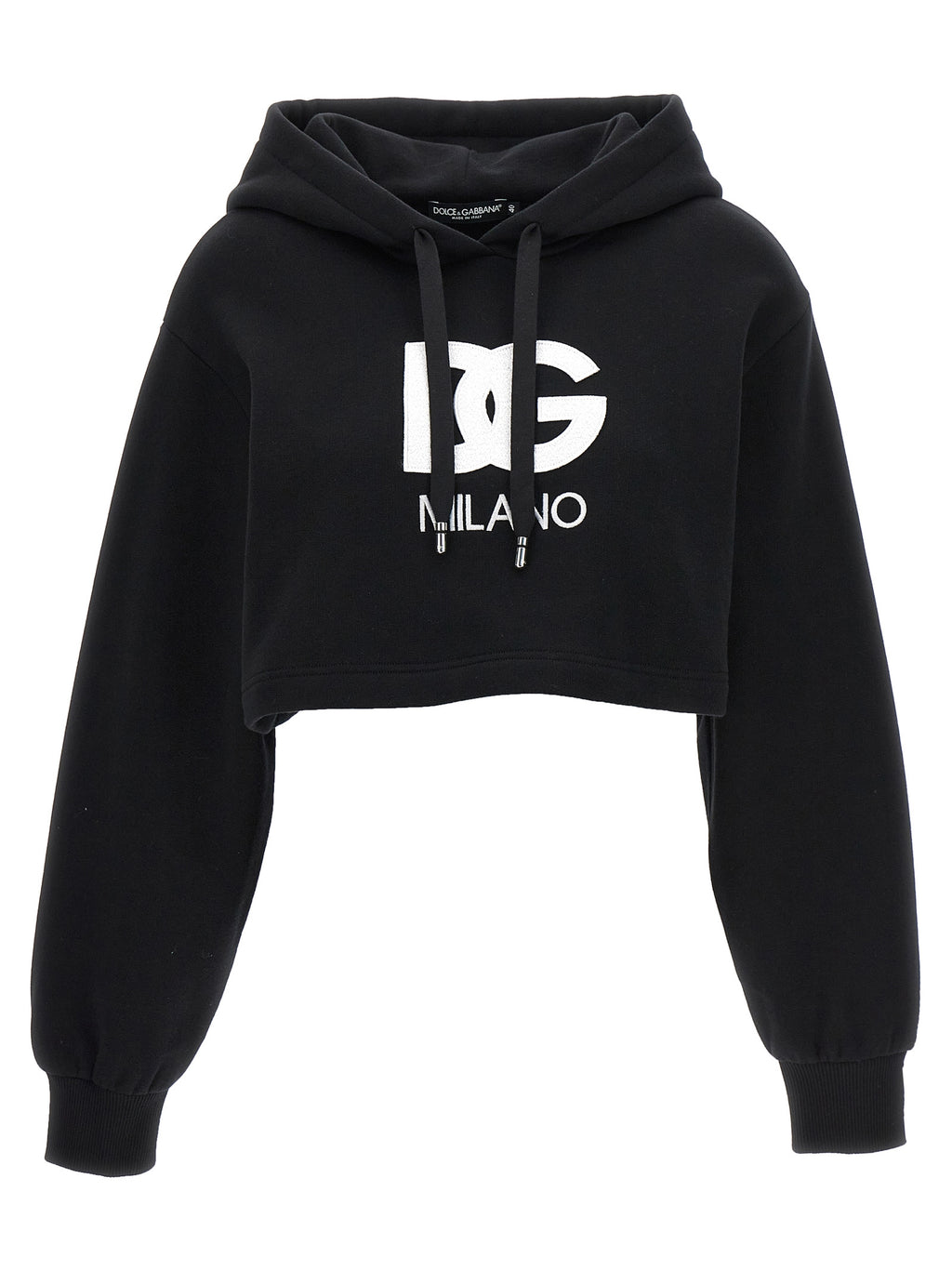 Sweat à capuche en coton noir Dolce & Gabbana avec logo brodé, style décontracté et moderne, porté en image.
