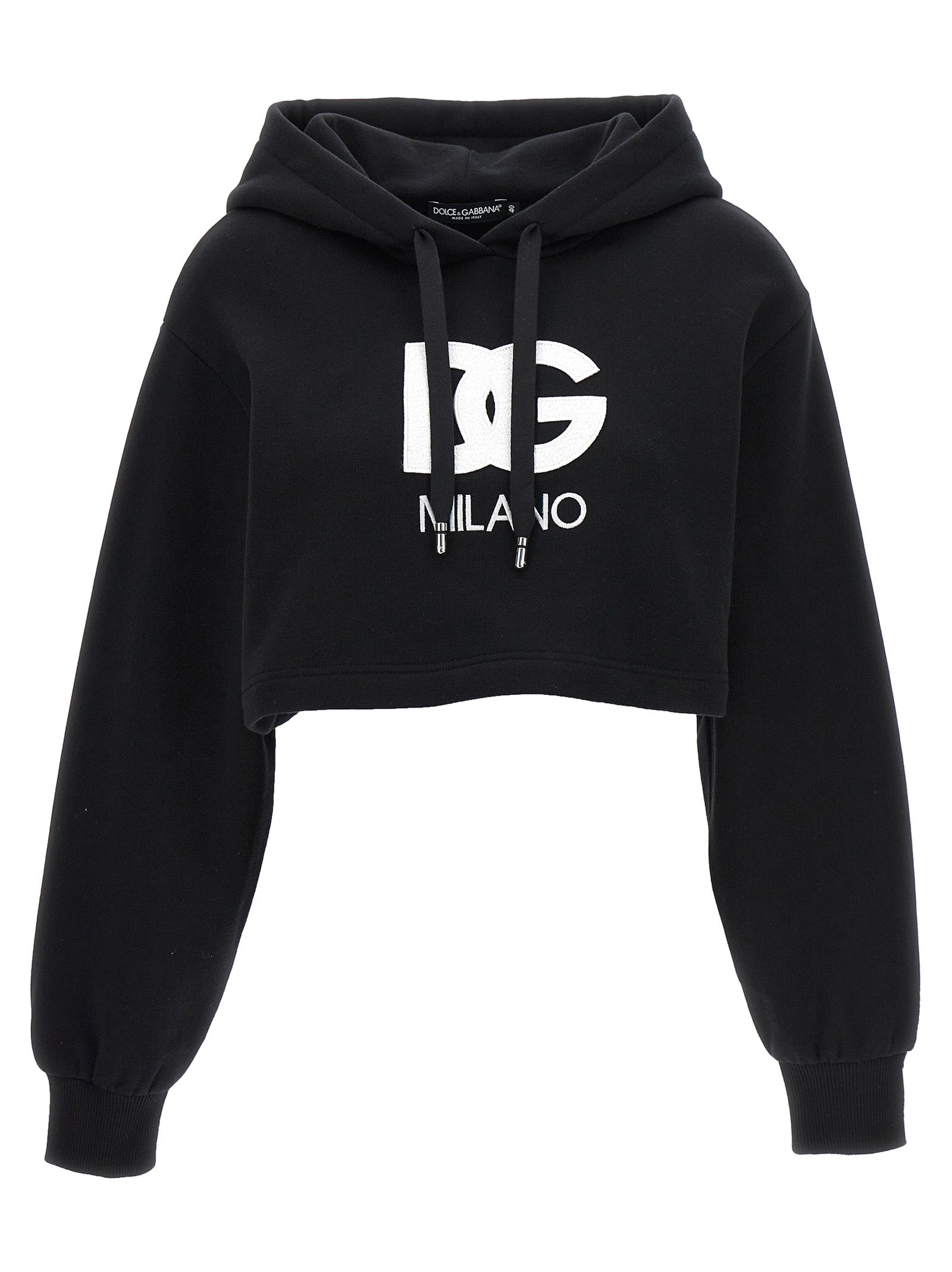 Sweat à capuche en coton noir Dolce & Gabbana avec logo brodé, style décontracté et moderne, porté en image.