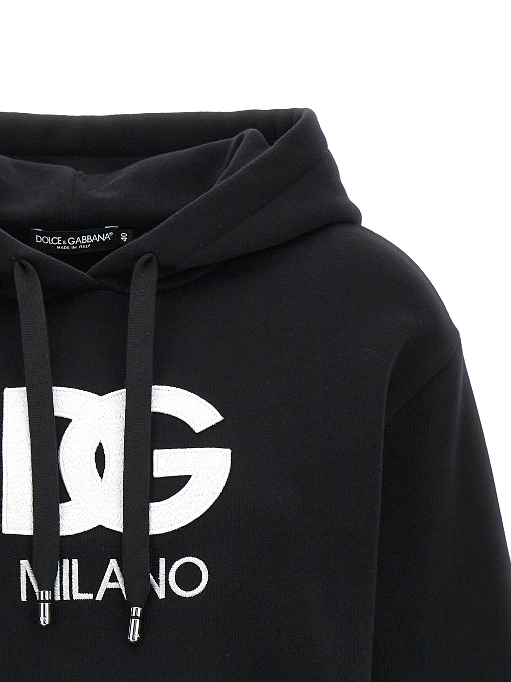 Sweat à capuche noir en coton de Dolce & Gabbana, mode décontractée, avec logo discret, porté sur un mannequin.