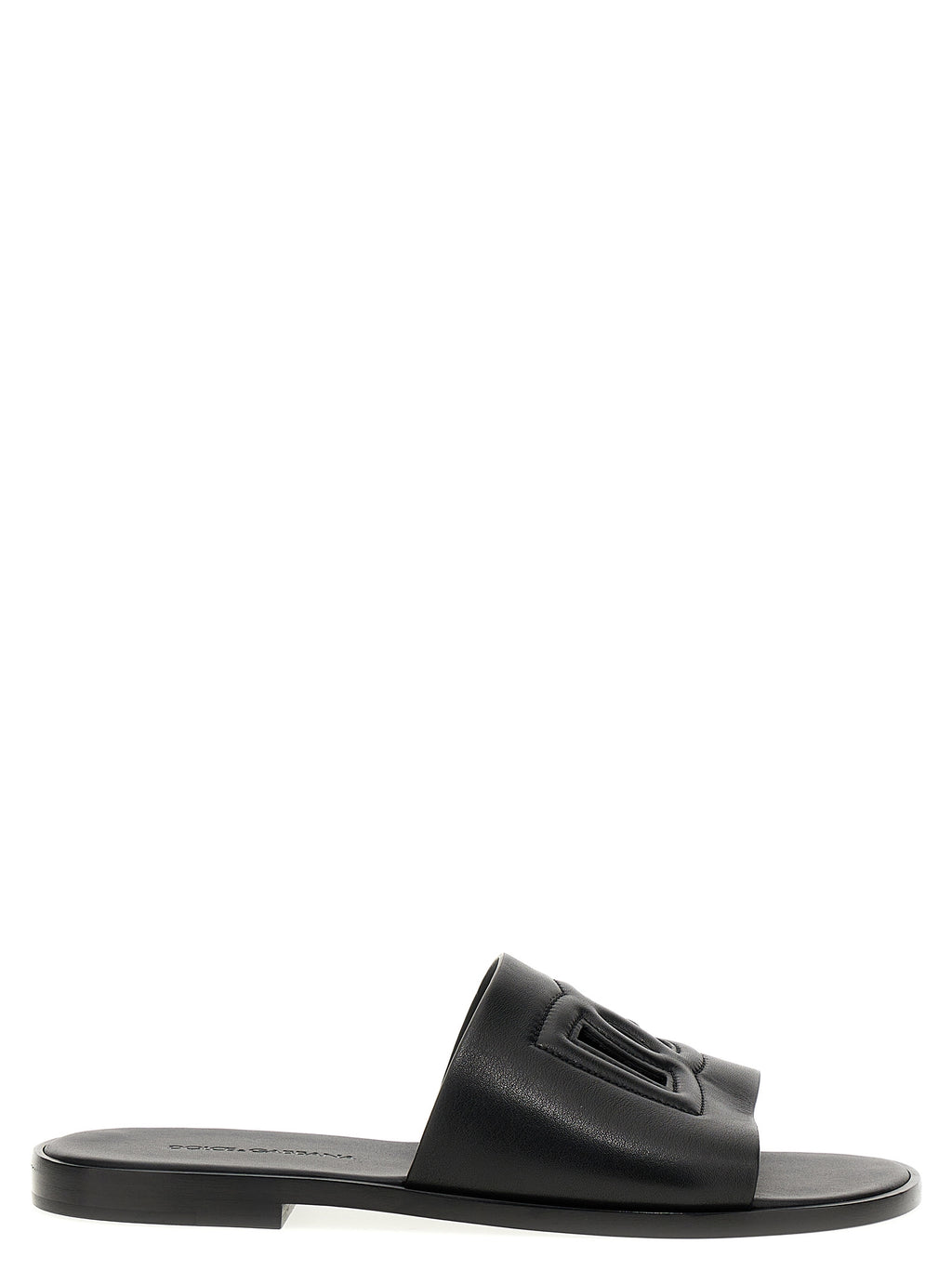 Sandales en cuir noir Dolce & Gabbana, slides élégantes avec bride large, parfaites pour un style sophistiqué et confortable.