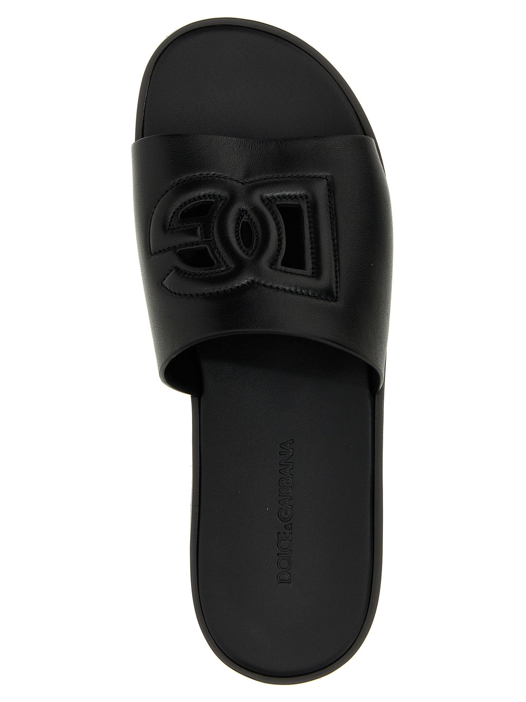 Sandales en cuir noir de Dolce & Gabbana, élégantes et confortables, avec design sophistiqué et logo de la marque.