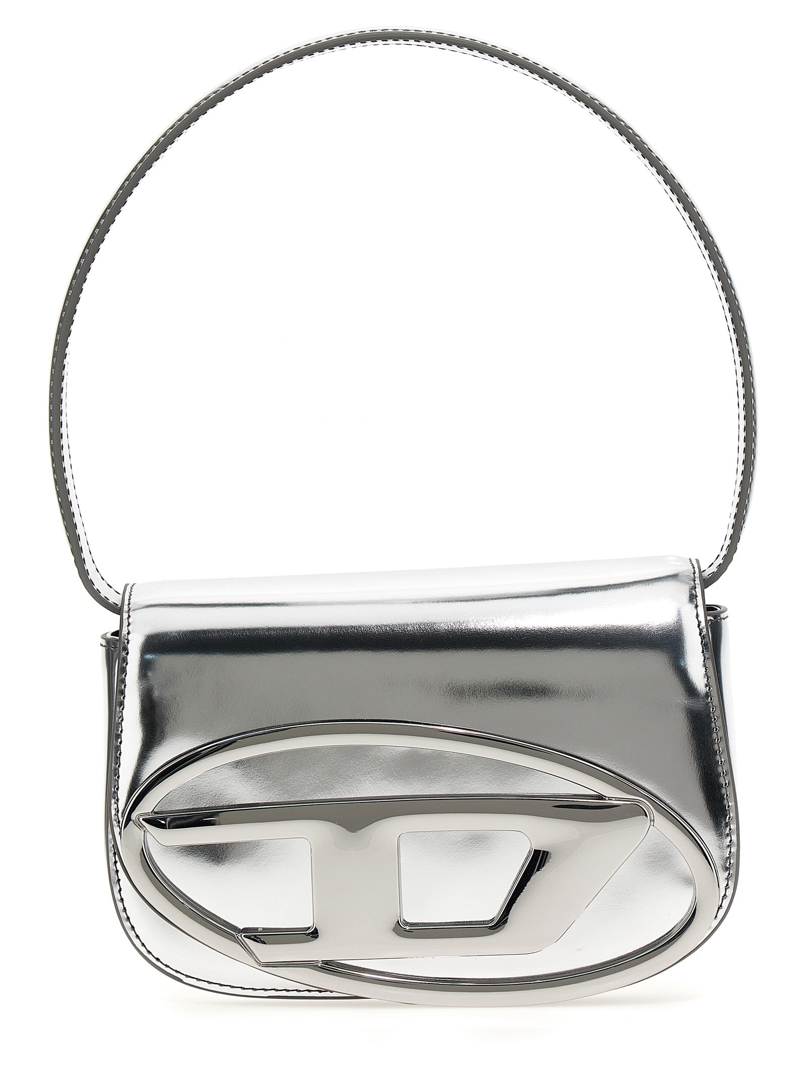 Sac à main Diesel en cuir de vache argenté, sac à épaule élégant avec détails modernes, idéal pour un style sophistiqué.
