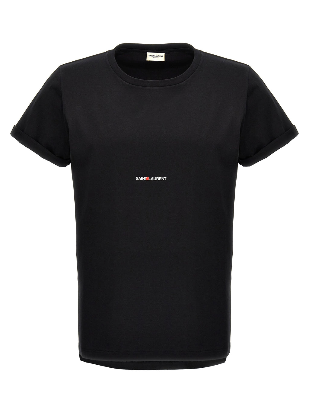 T-shirt en coton noir de Saint Laurent, coupe classique, vue de face, logo discret sur la poitrine, mode élégante et décontractée.
