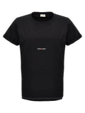 T-shirt en coton noir de Saint Laurent, coupe classique, vue de face, logo discret sur la poitrine, mode élégante et décontractée.