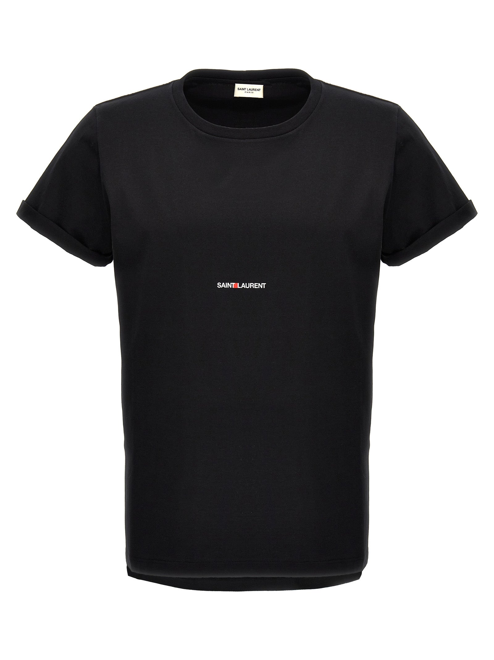 T-shirt en coton noir de Saint Laurent, coupe classique, vue de face, logo discret sur la poitrine, mode élégante et décontractée.