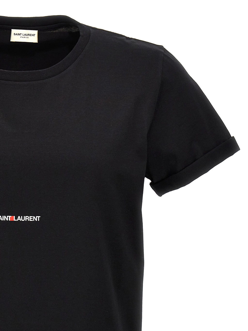 T-shirt en coton noir de Saint Laurent avec logo discret, portée sur un mannequin.