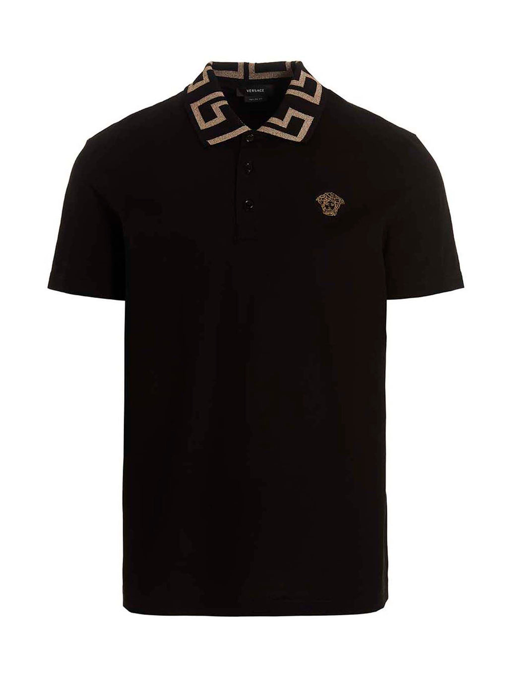 Chemise polo noire en coton Versace, détail élégant, col classique, logo Versace visible, tissu doux et de qualité.