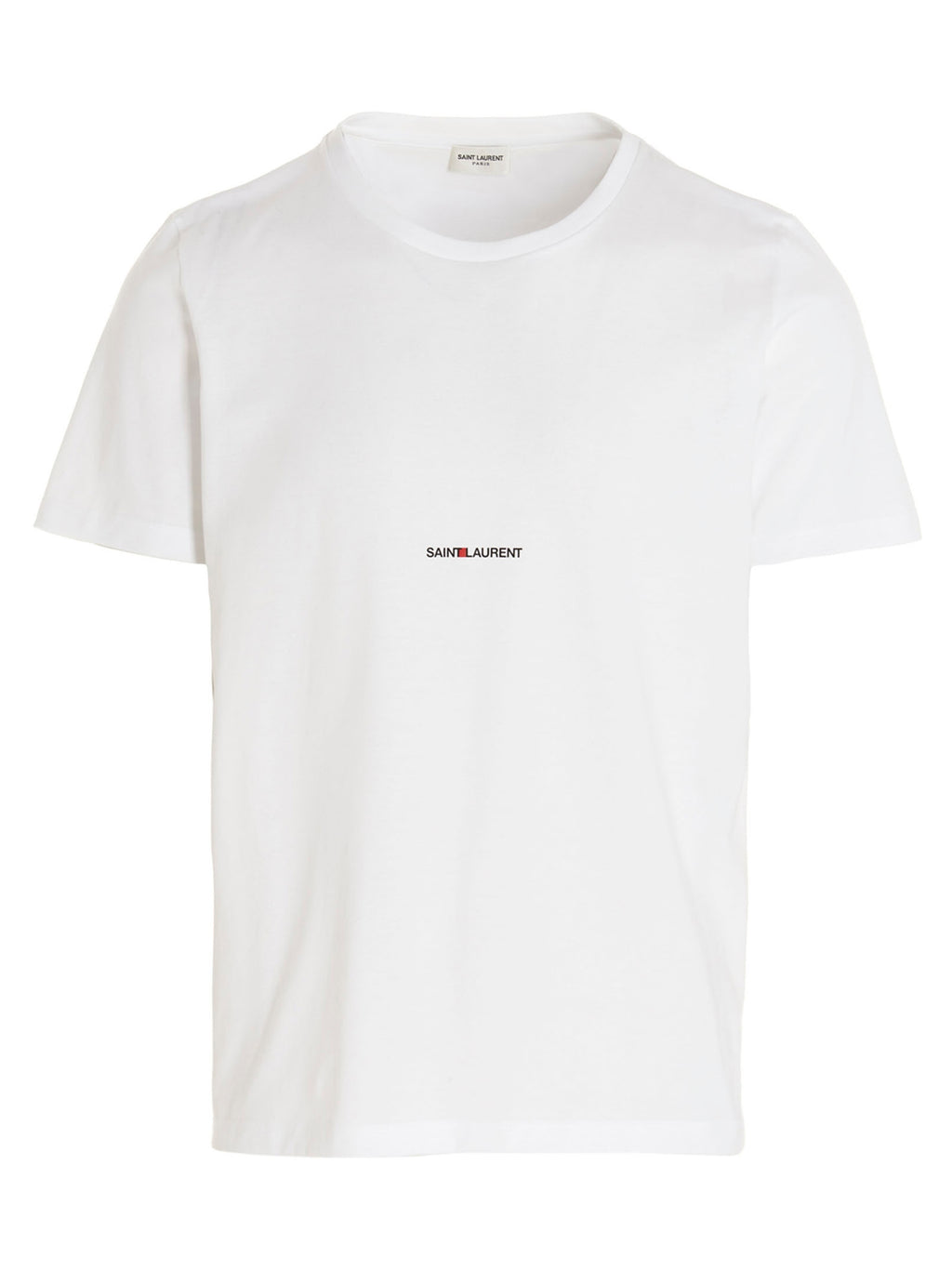 T-shirt blanc en coton de Saint Laurent, coupe classique, vue de face, détails du tissu et logo discret visible.