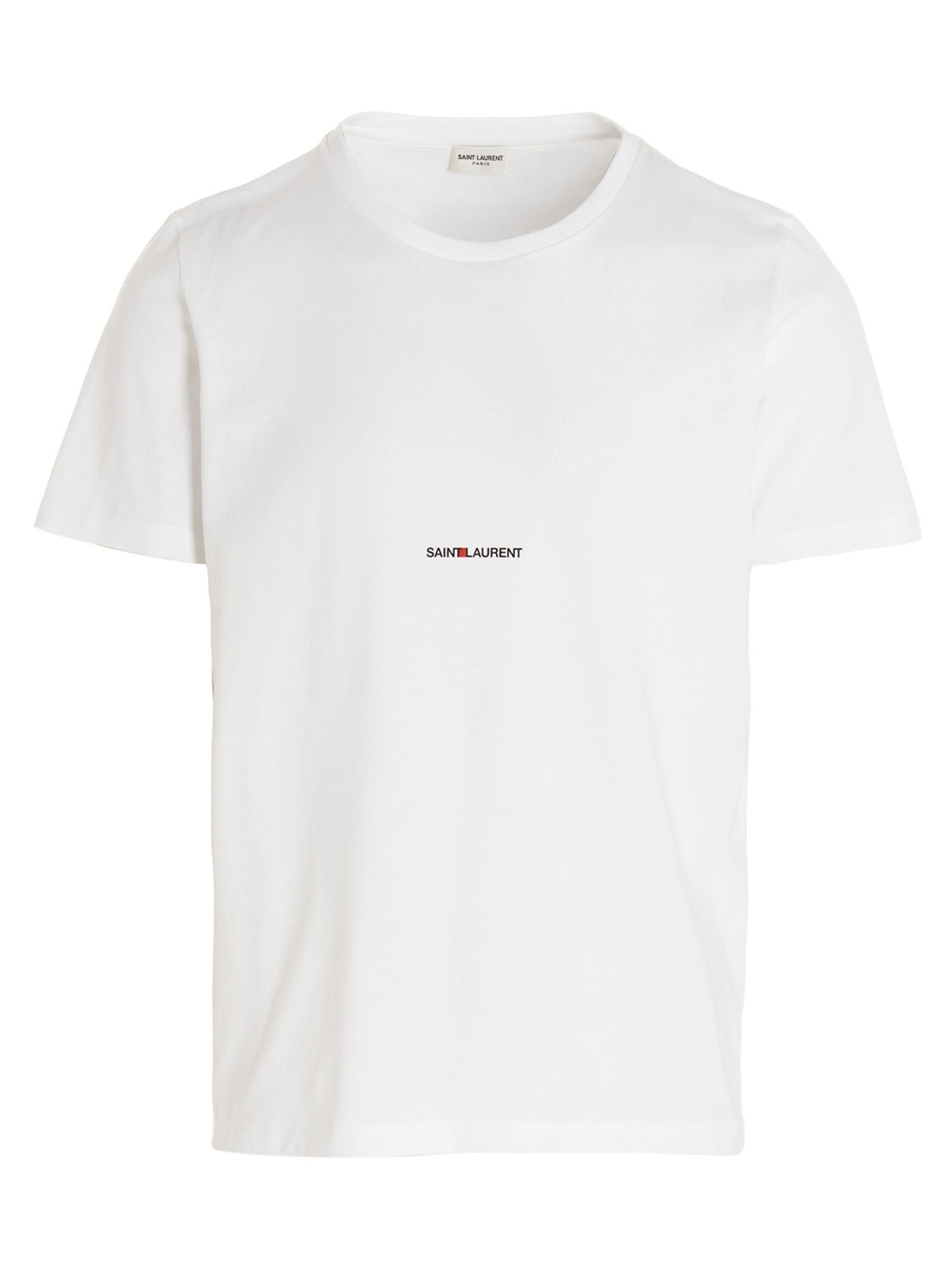 T-shirt blanc en coton de Saint Laurent, coupe classique, vue de face, détails du tissu et logo discret visible.