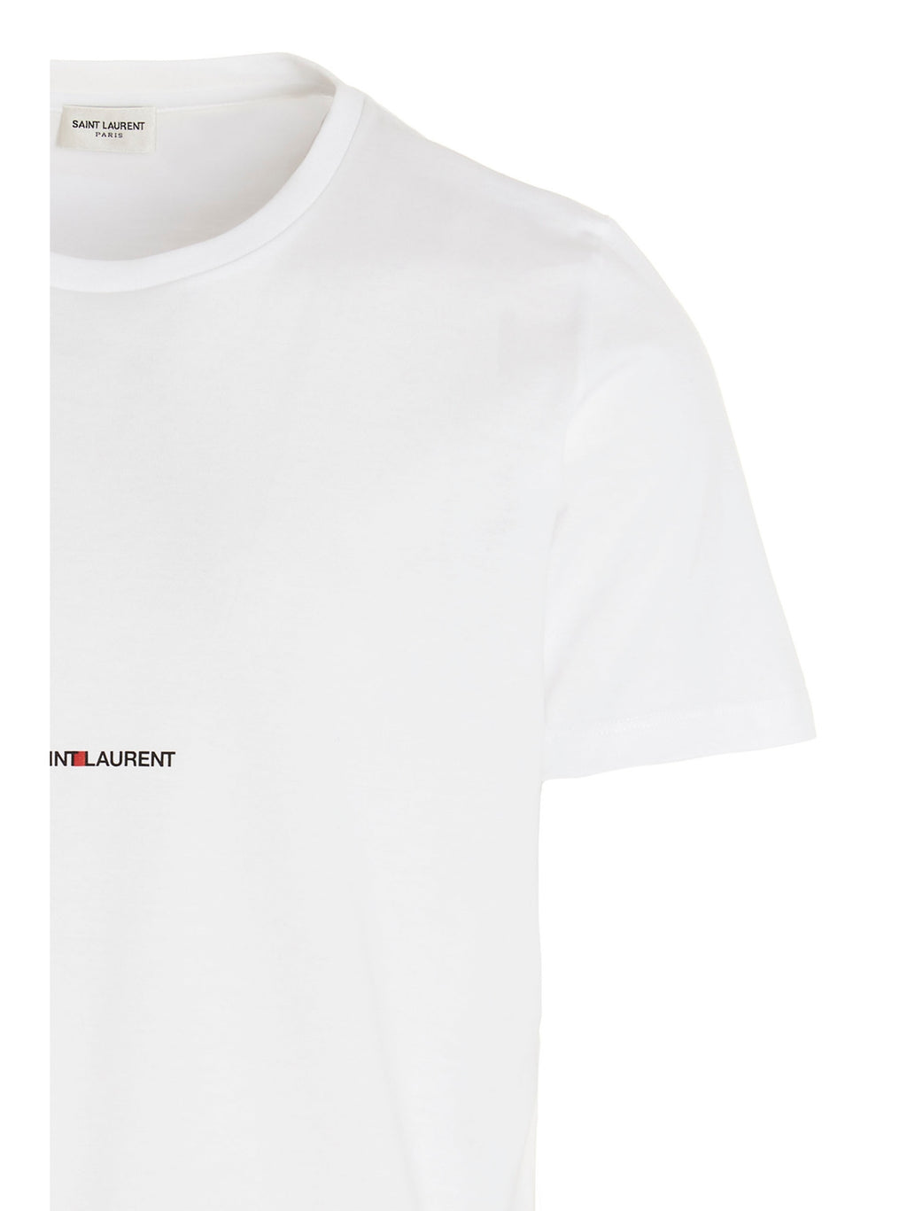 T-shirt blanc en coton de Saint Laurent, style décontracté avec logo discret, porté par un mannequin.