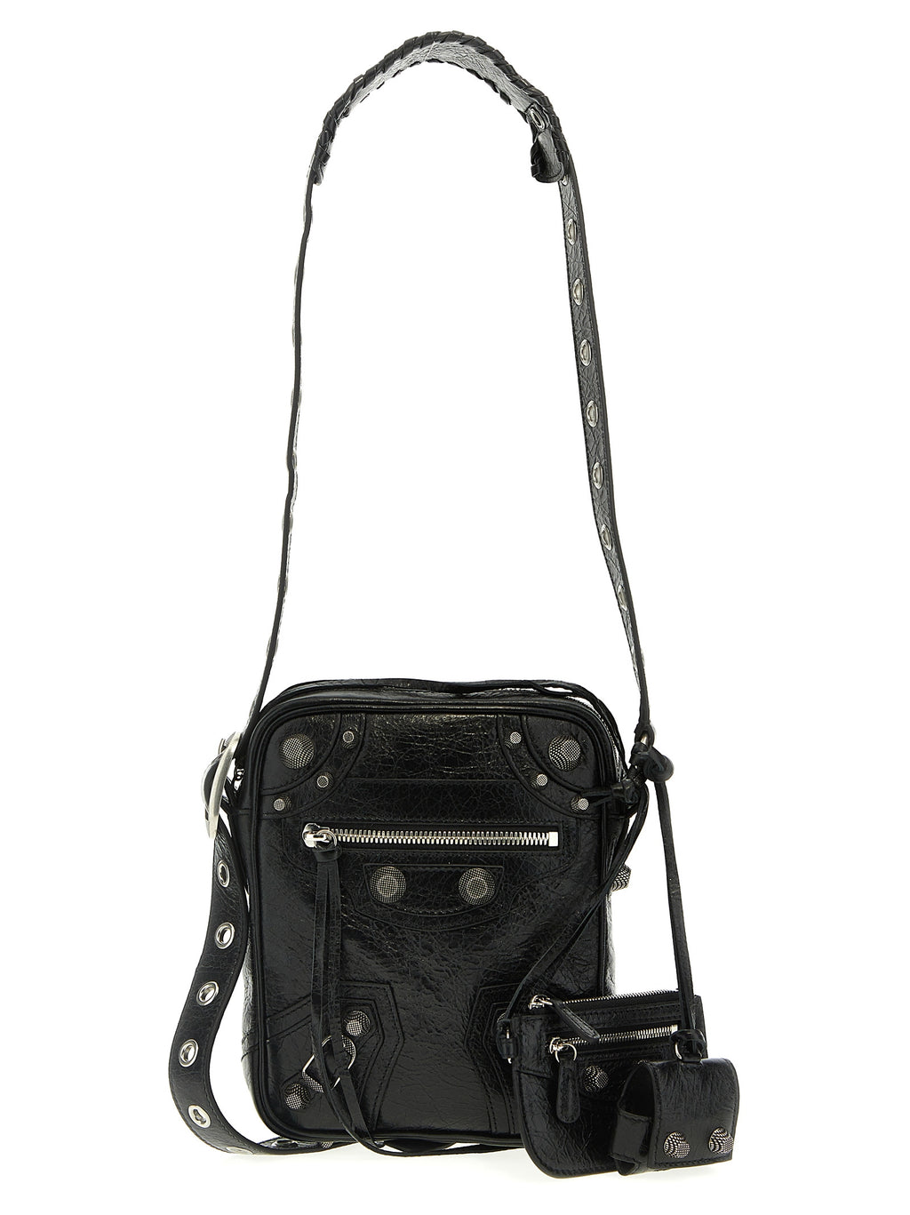 Sac à bandoulière Balenciaga en cuir d'agneau noir, élégant et sophistiqué, avec finition haut de gamme et détails modernes.