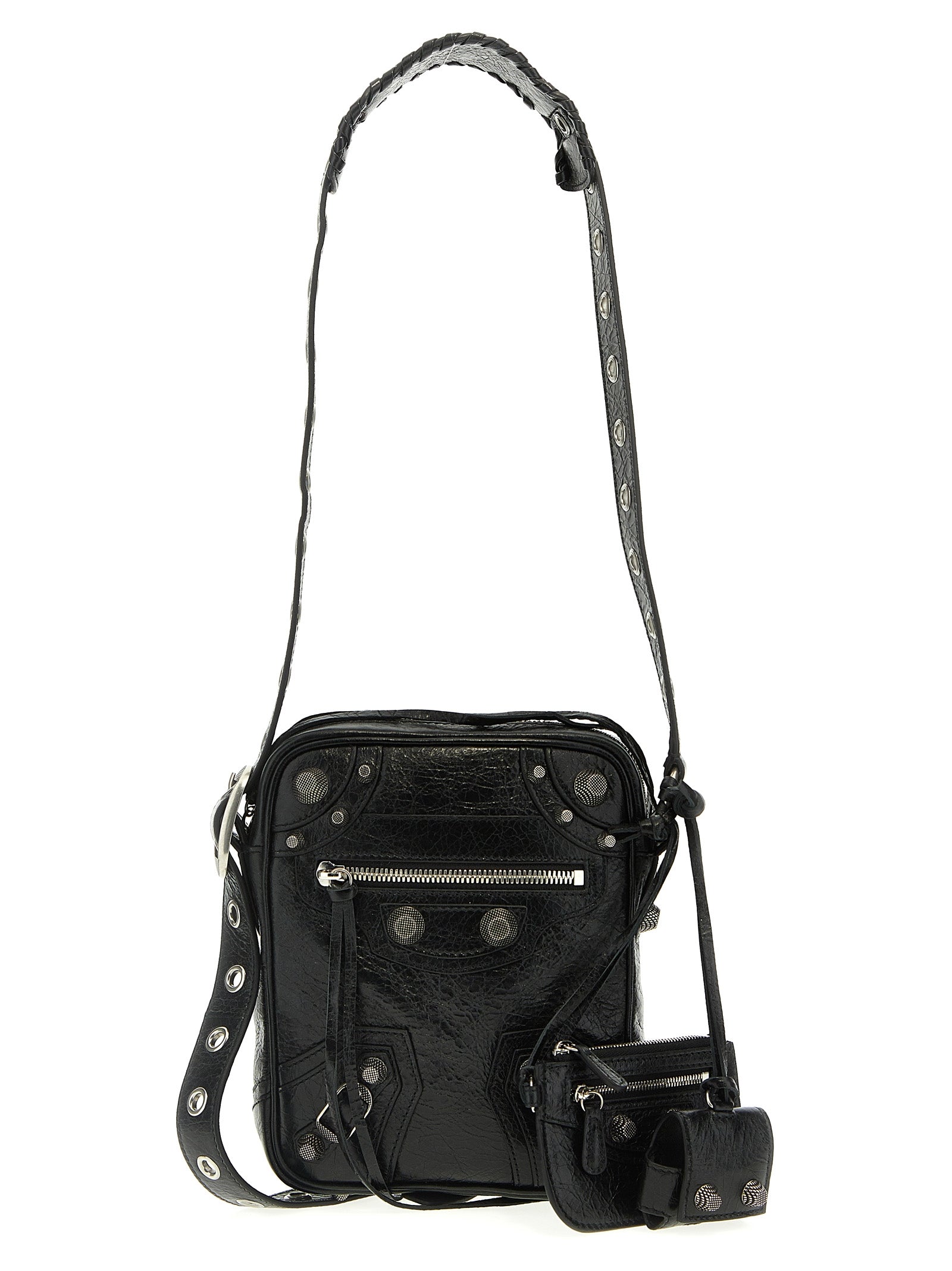 Sac à bandoulière Balenciaga en cuir d'agneau noir, élégant et sophistiqué, avec finition haut de gamme et détails modernes.
