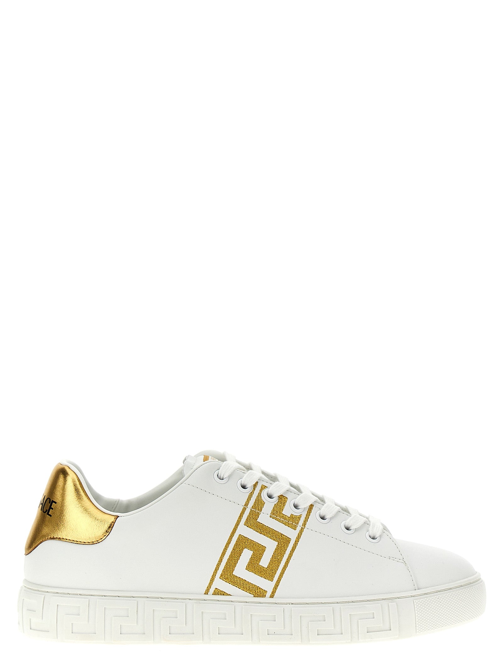 Baskets basses en polyamide doré de Versace, style tendance, avec logo distinctif, pour un look chic et moderne.