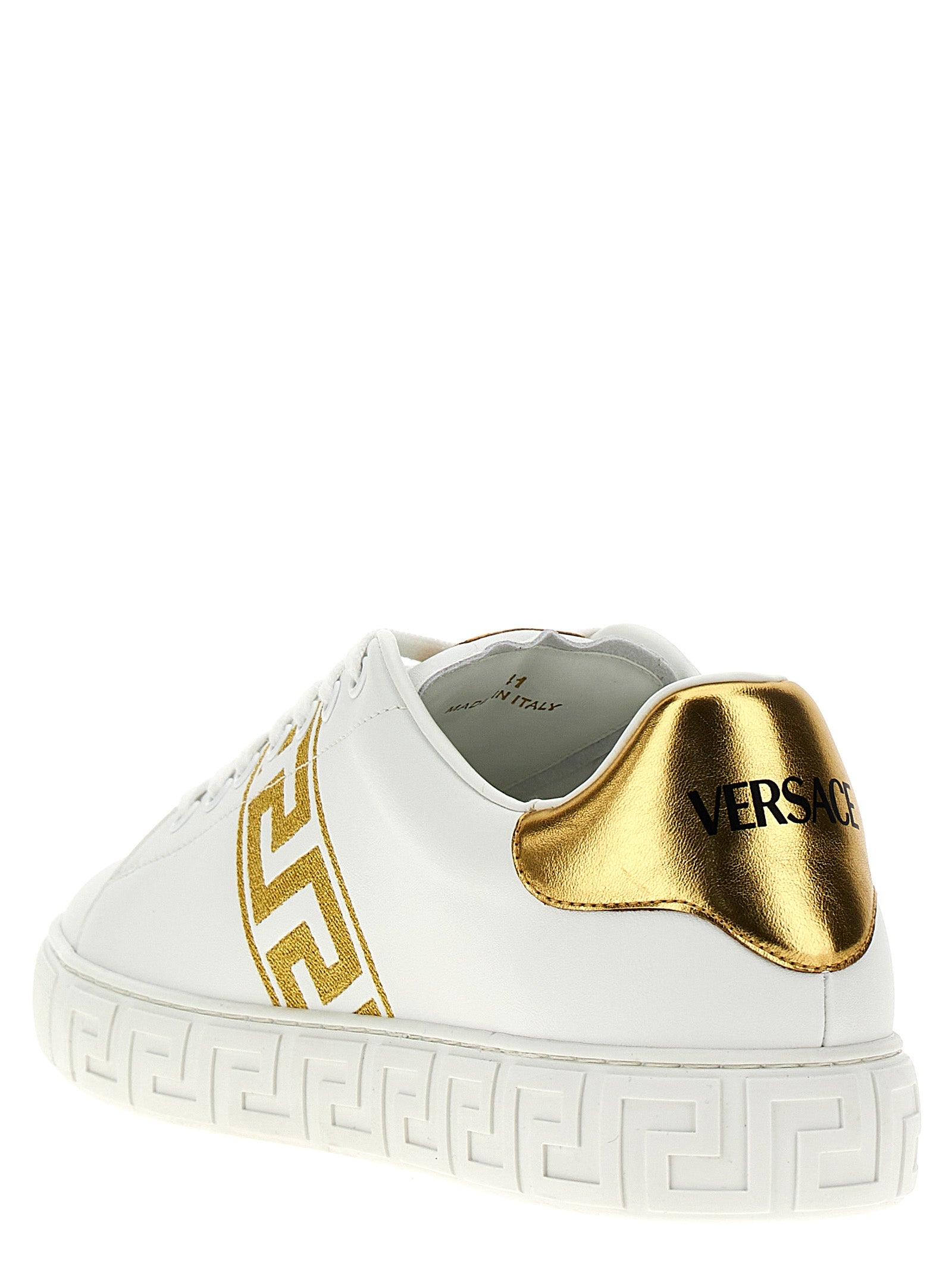 Baskets basses en polyamide doré de Versace, chaussures de sport élégantes avec logo de la marque.
