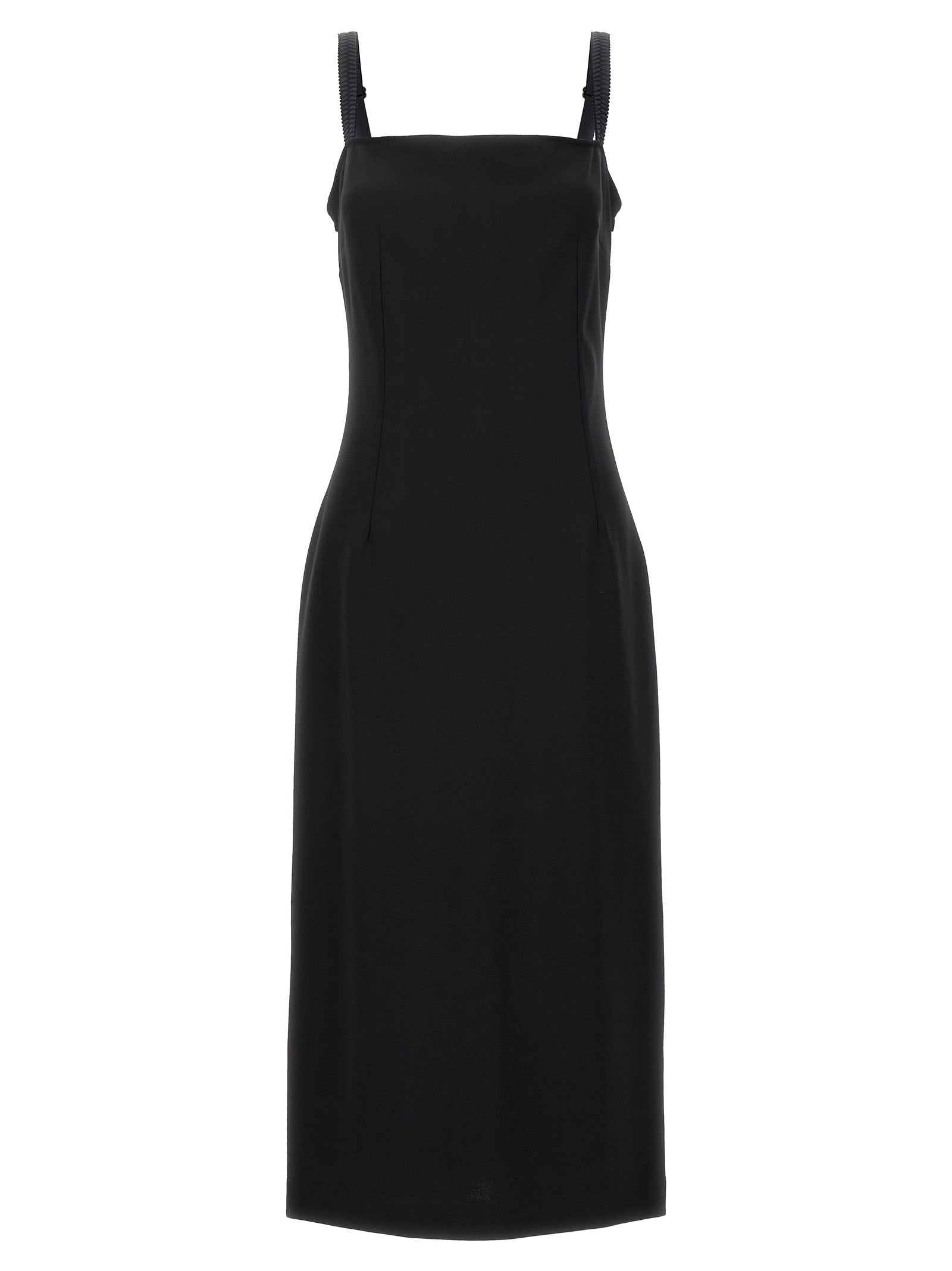 Robe midi en viscose noire de Dolce & Gabbana, élégante avec coupe fluide et détails sophistiqués, portée sur un mannequin.