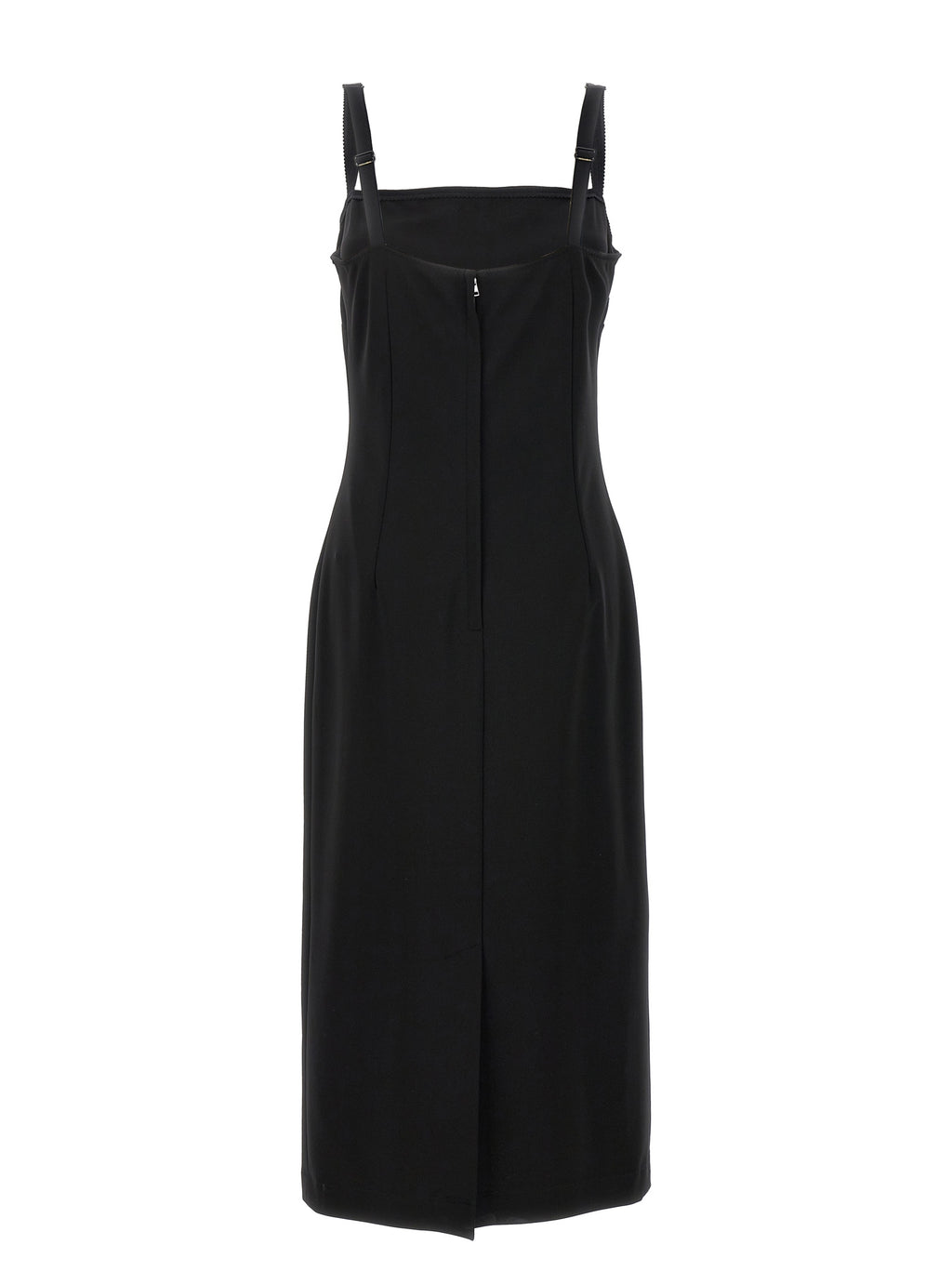 Robe midi en viscose noire de Dolce & Gabbana, coupe élégante et fluide, portée avec des détails sophistiqués.