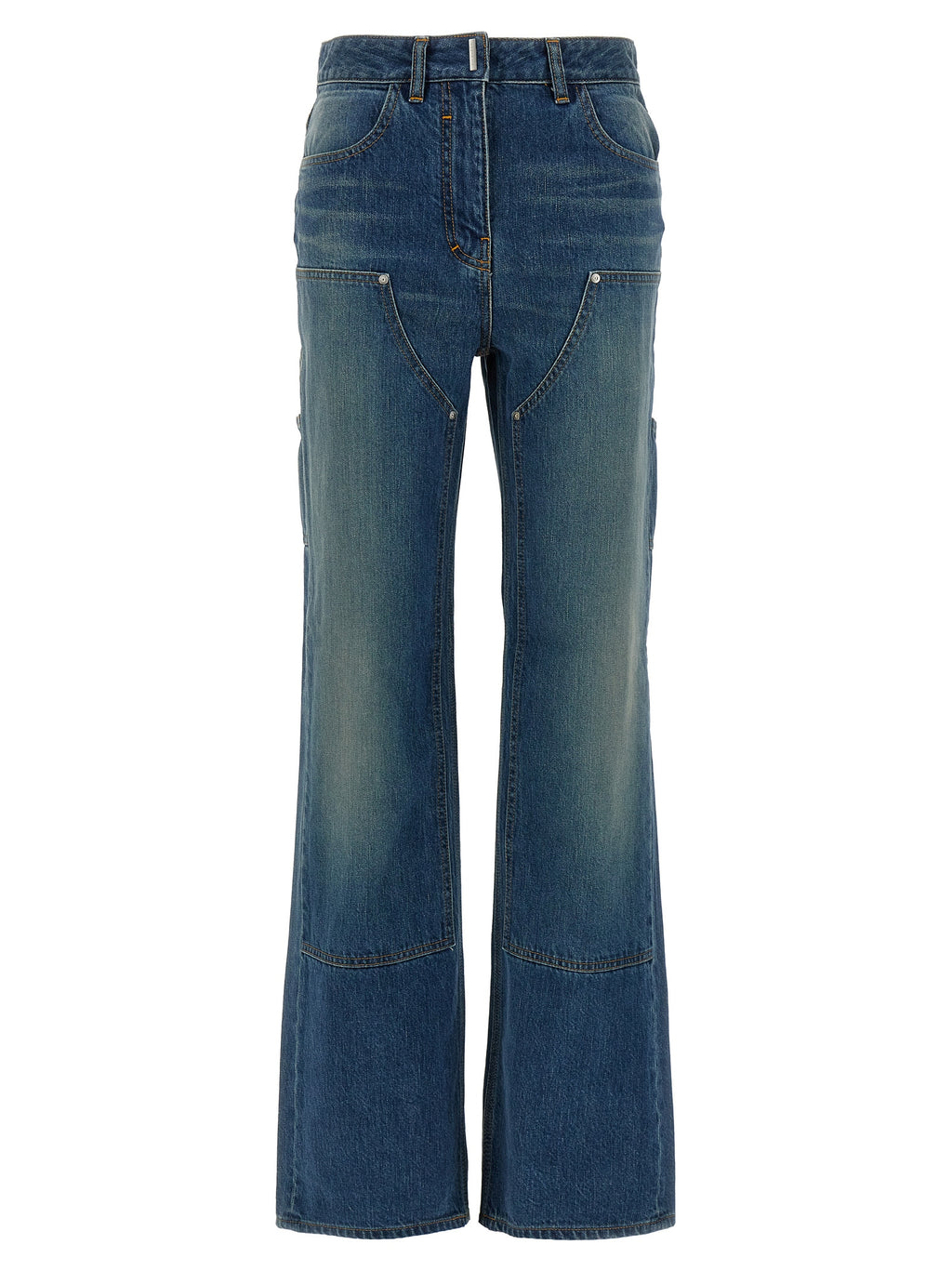 Jean flare en coton bleu Givenchy, vue de face, avec coupe élégante et détails modernes.
