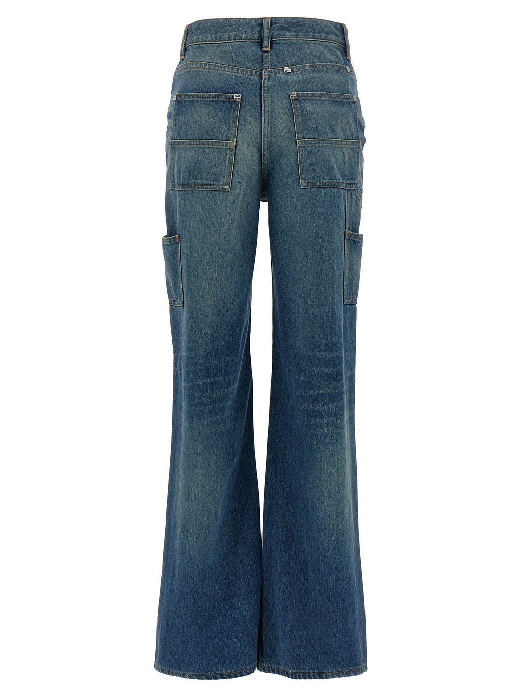 Jeans évasés en coton bleu Givenchy, mode élégante, avec coupe flare et détails modernes visible sur l'image.