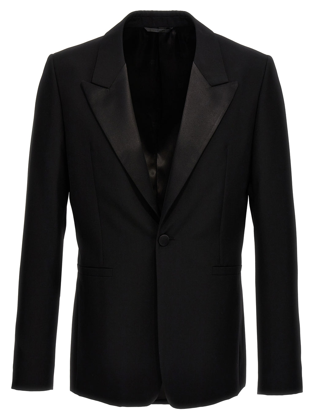 Blazer noir en laine Givenchy, coupe élégante, détails sophistiqués, porté sur un mannequin.
