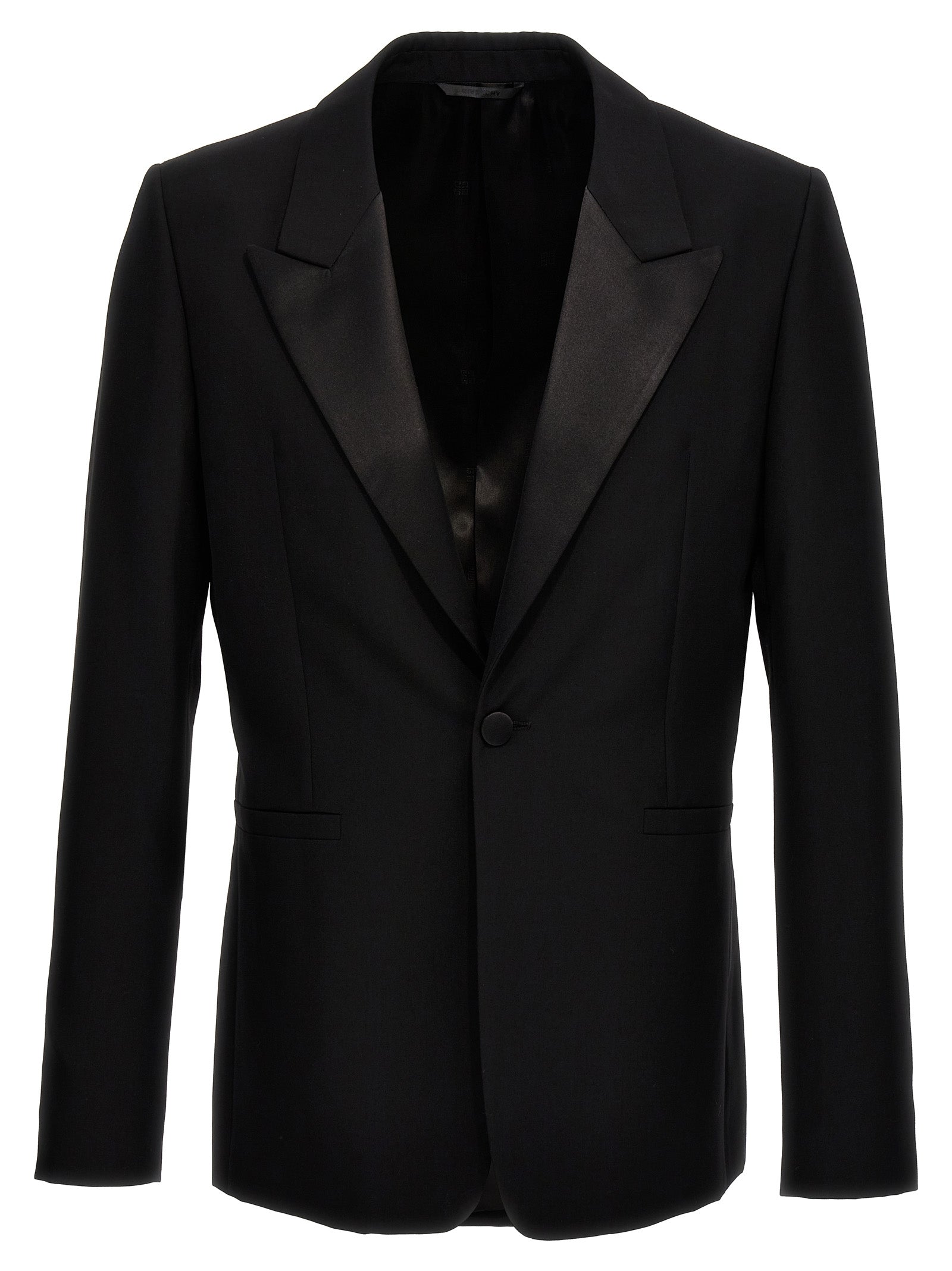 Blazer noir en laine Givenchy, coupe élégante, détails sophistiqués, porté sur un mannequin.