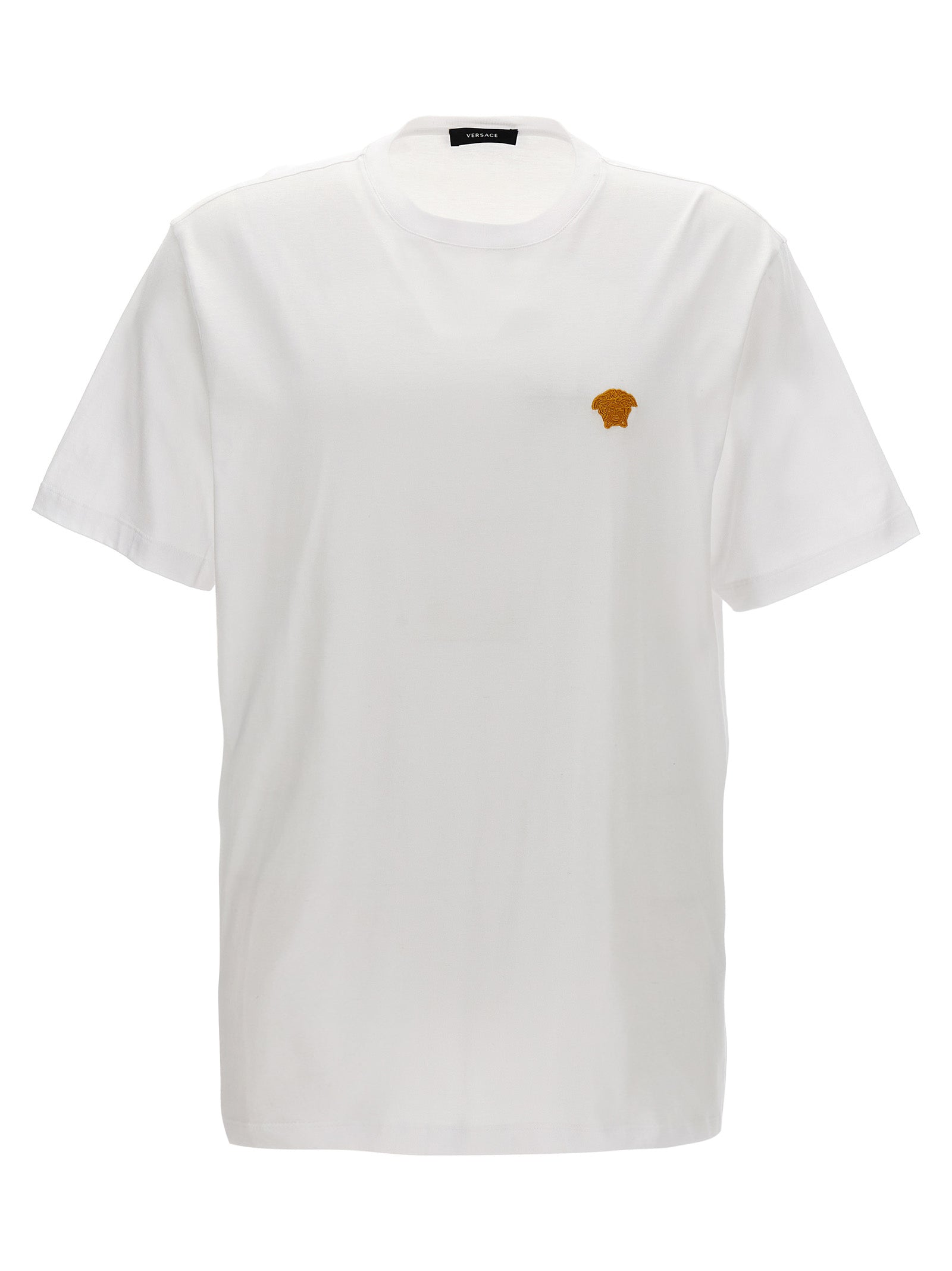 T-shirt blanc en coton de la marque Versace, coupe classique, avec logo discret sur la poitrine.