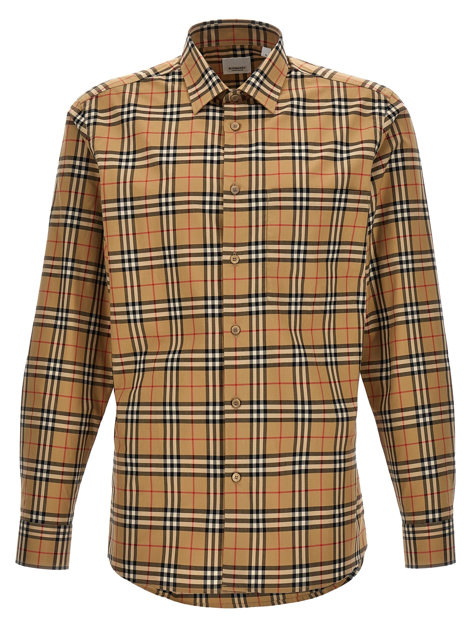 Chemise en coton beige Burberry, vue de face, détails du tissu et du col, élégante et classique.