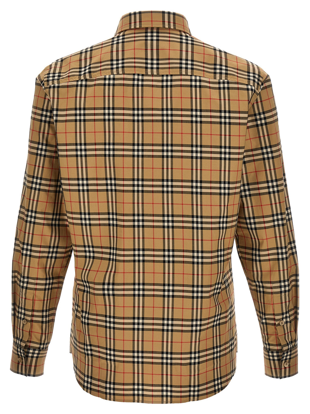 Chemise en coton beige Burberry, style élégant, avec col classique et manches longues, image montrant la texture du tissu.