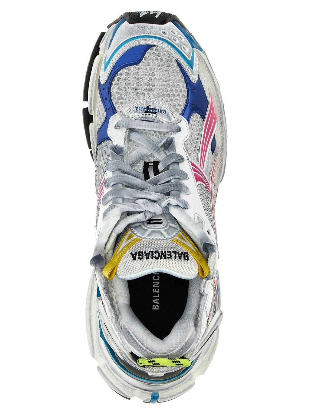 Sneakers de sport Balenciaga en polyester multicolore, vue de face, avec semelle blanche et design moderne.