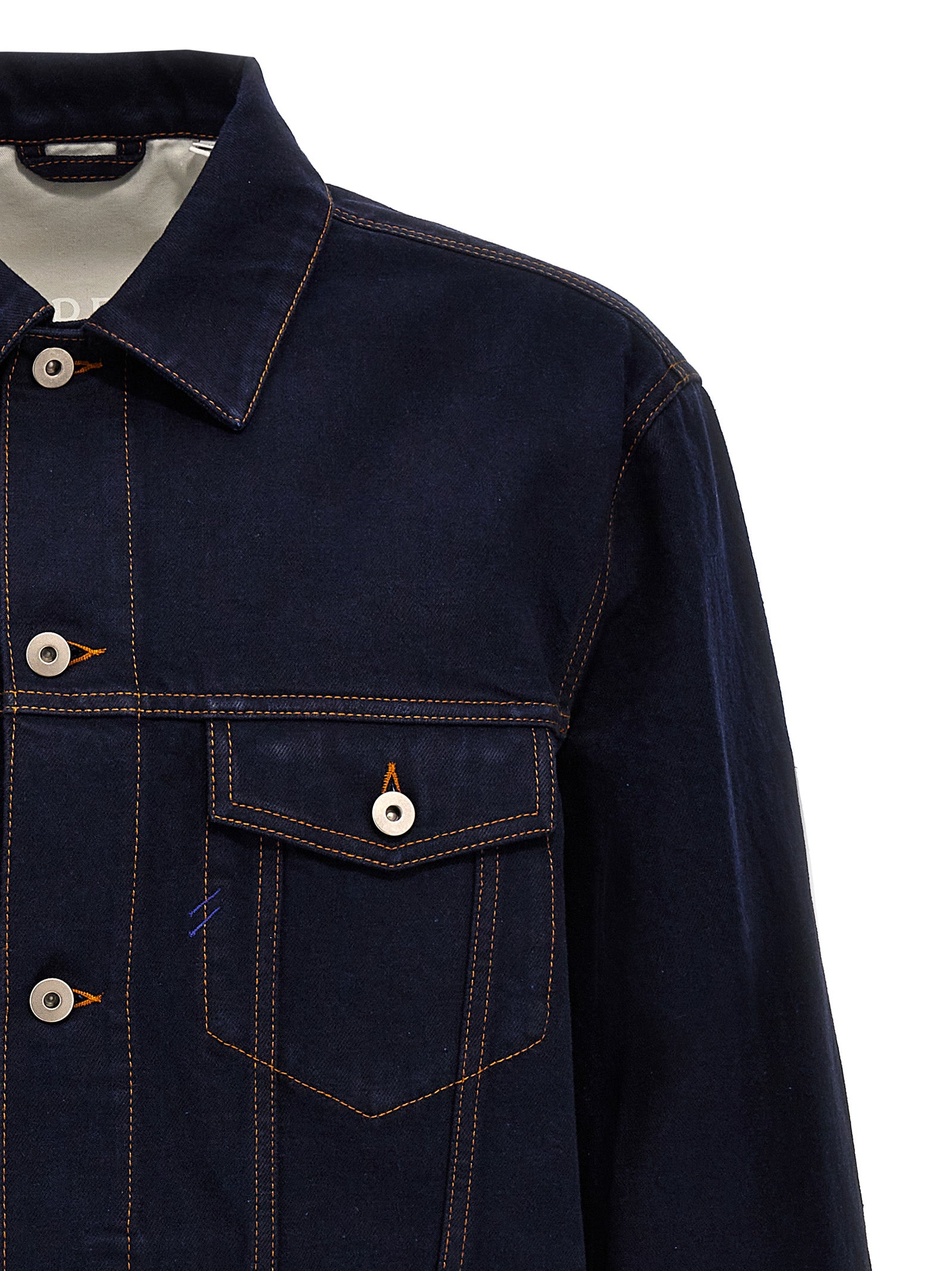Veste en jean en coton bleu Burberry avec logo, coupe classique, visible sur un mannequin.