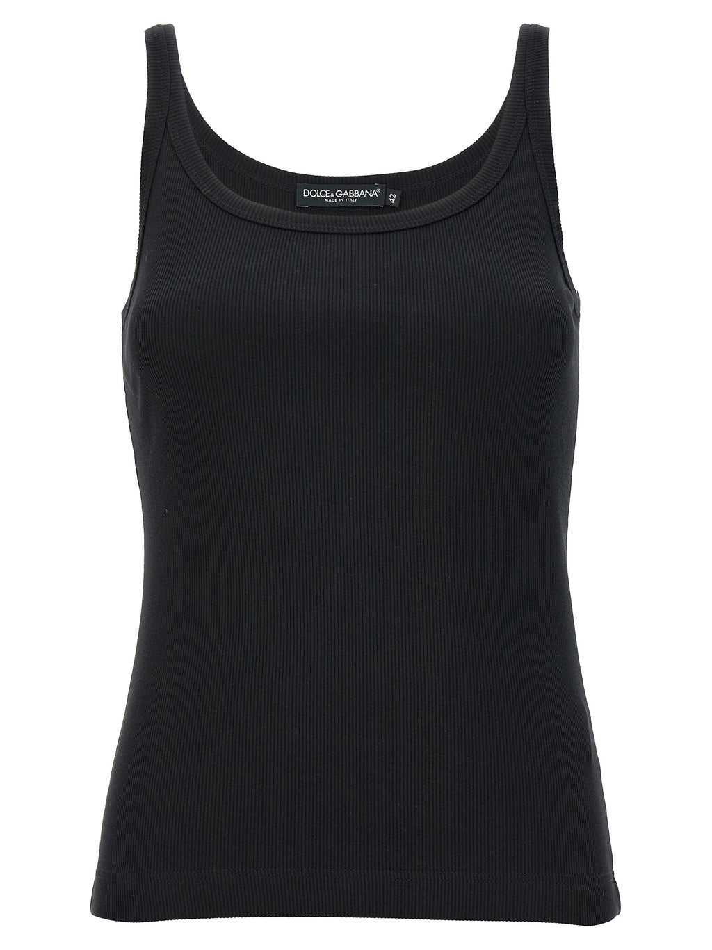 Débardeur noir en coton de la marque Dolce & Gabbana, coupe ajustée, porté sur mannequin, détails de couture visibles.