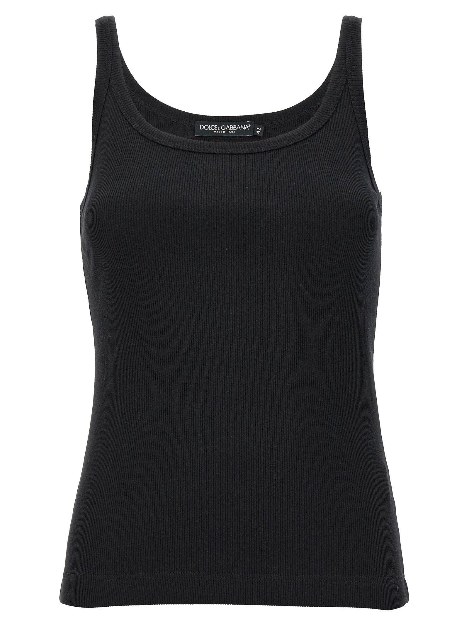 Débardeur noir en coton de la marque Dolce & Gabbana, coupe ajustée, porté sur mannequin, détails de couture visibles.
