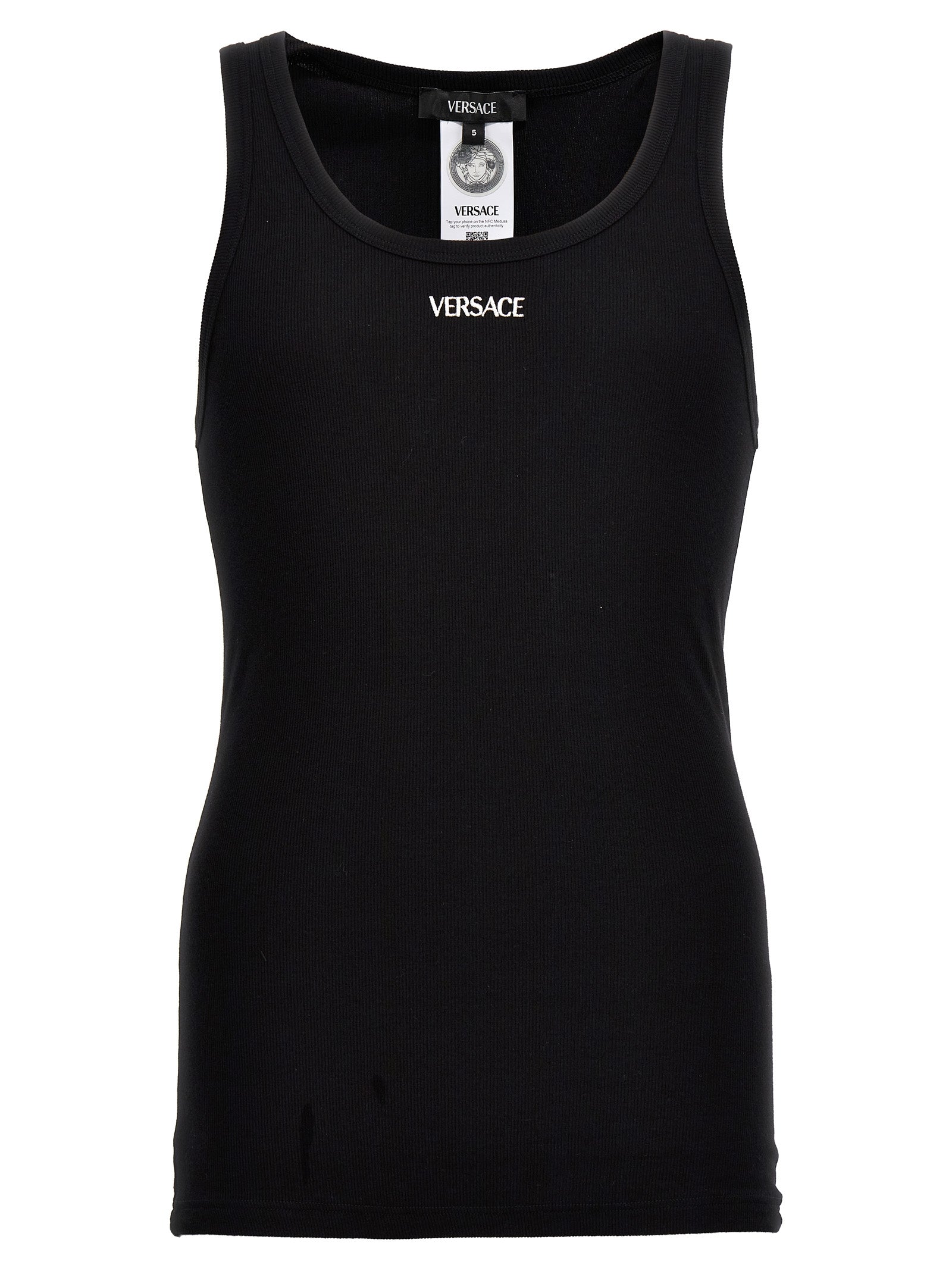 T-shirt noir en coton sans manches de la marque Versace, design élégant avec logo visible sur le devant.