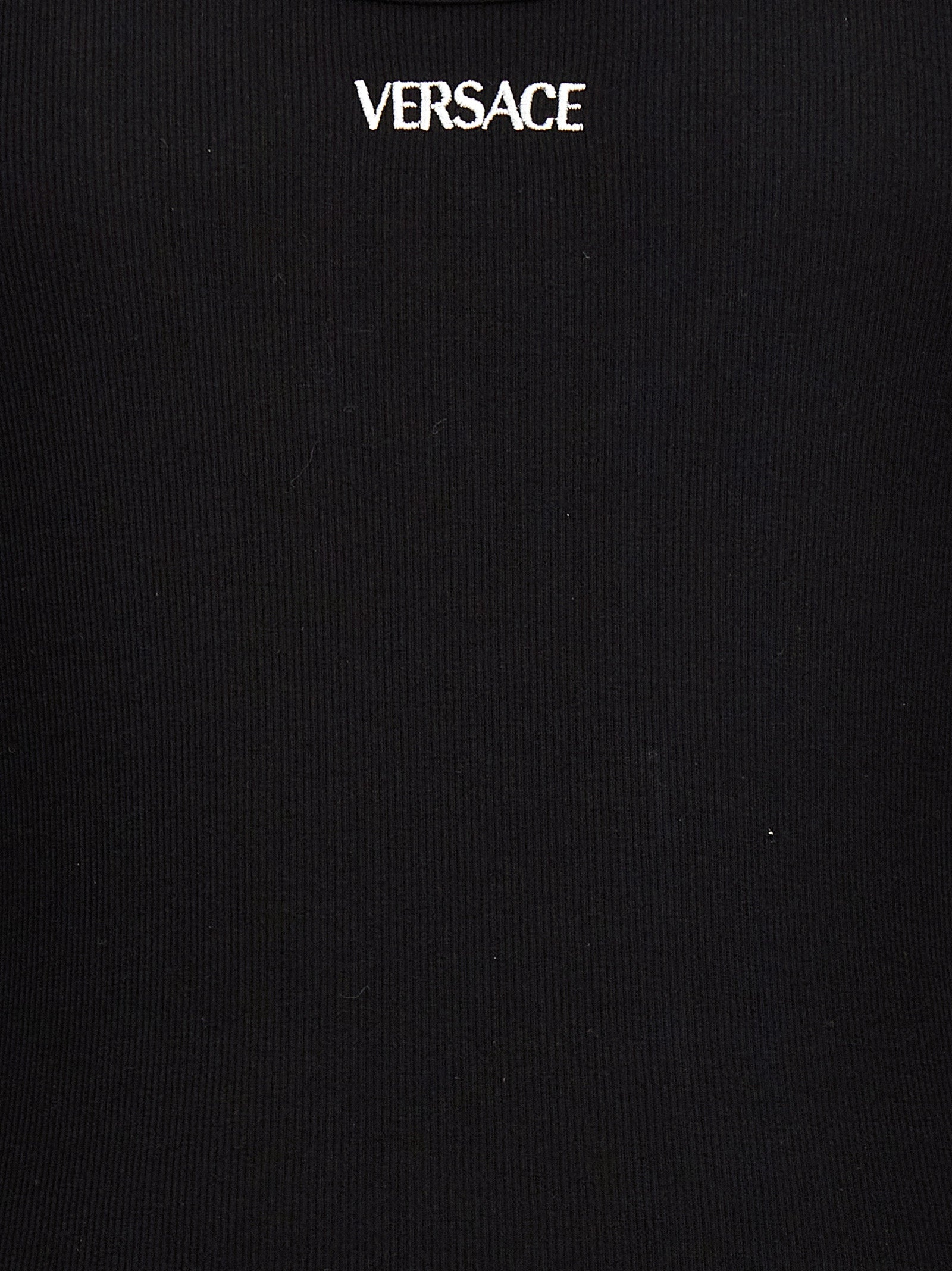 T-shirt sans manches en coton noir de la marque Versace, design élégant avec logo visible, pour un style sophistiqué.