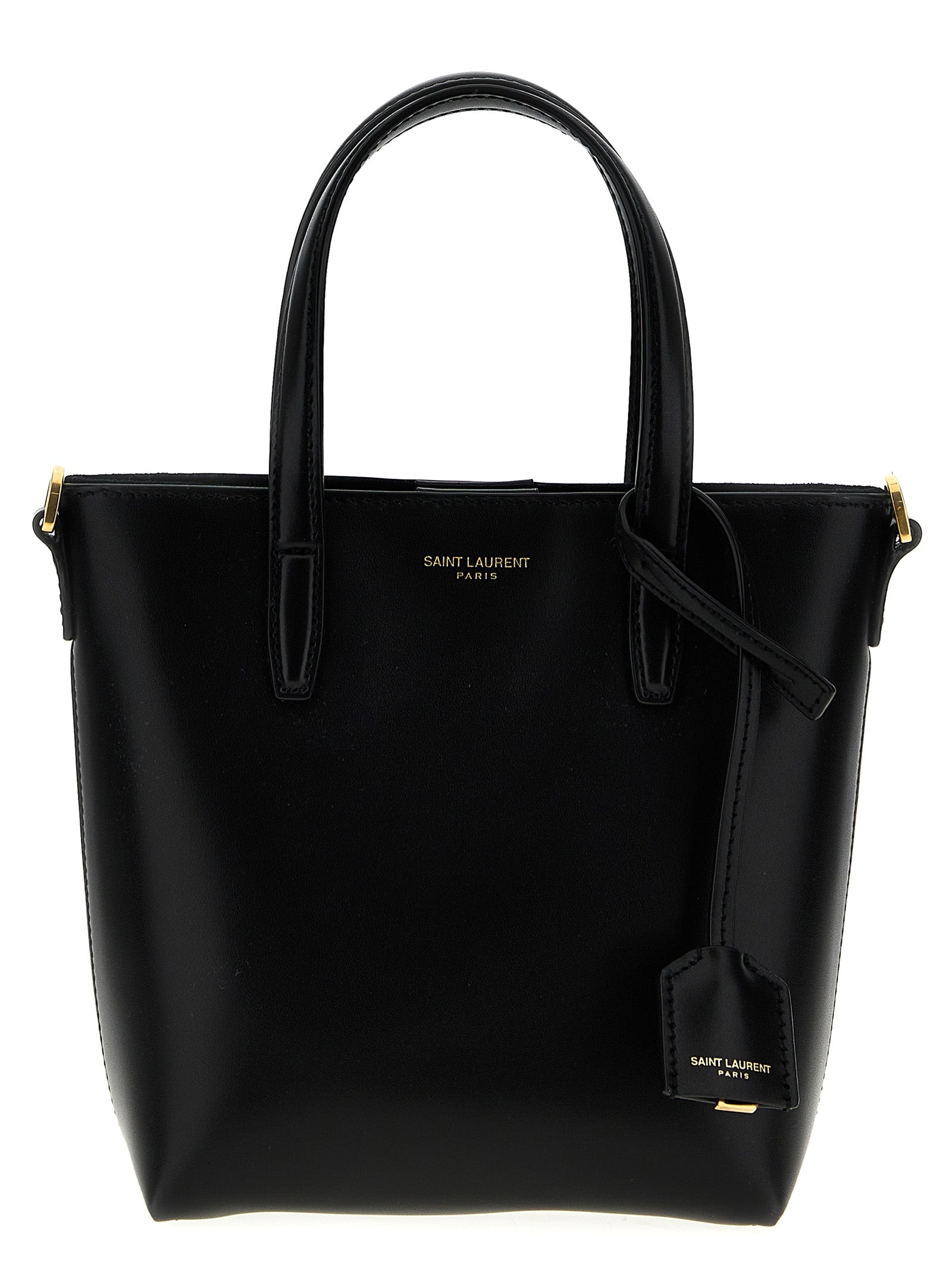 Sac à main Saint Laurent en cuir de veau noir, grand sac cabas élégant avec poignées robustes et finition sophistiquée.