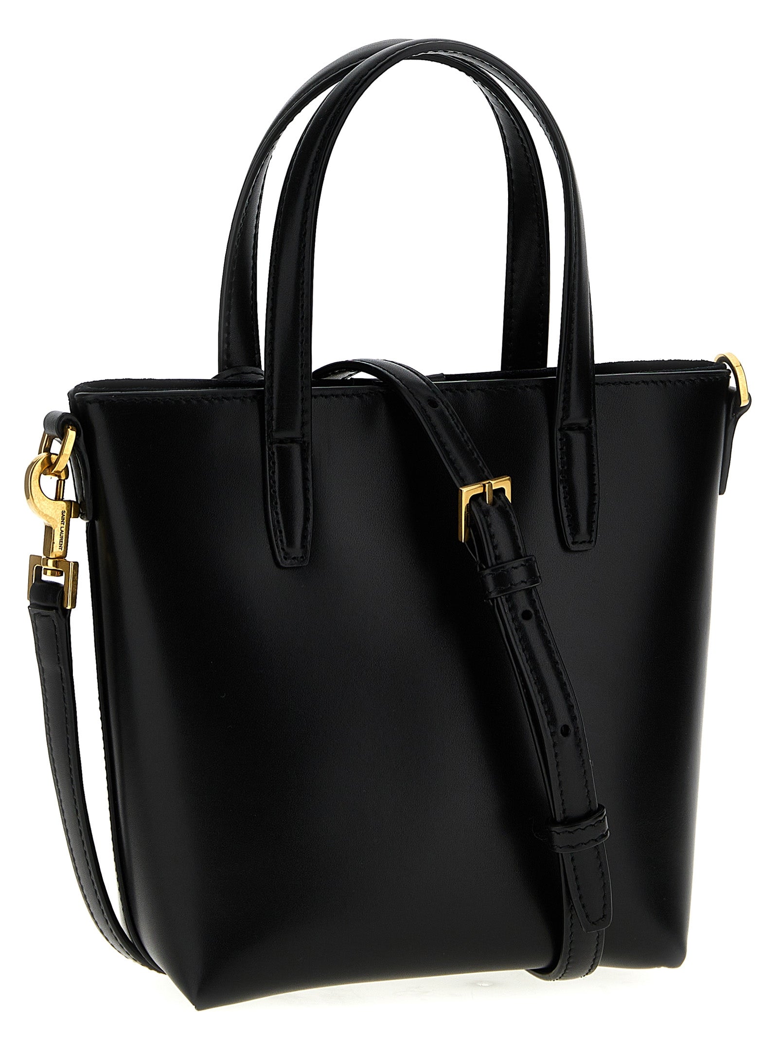 Sac porté épaule en cuir de veau noir de Saint Laurent, sac tote élégant avec détails sophistiqués.