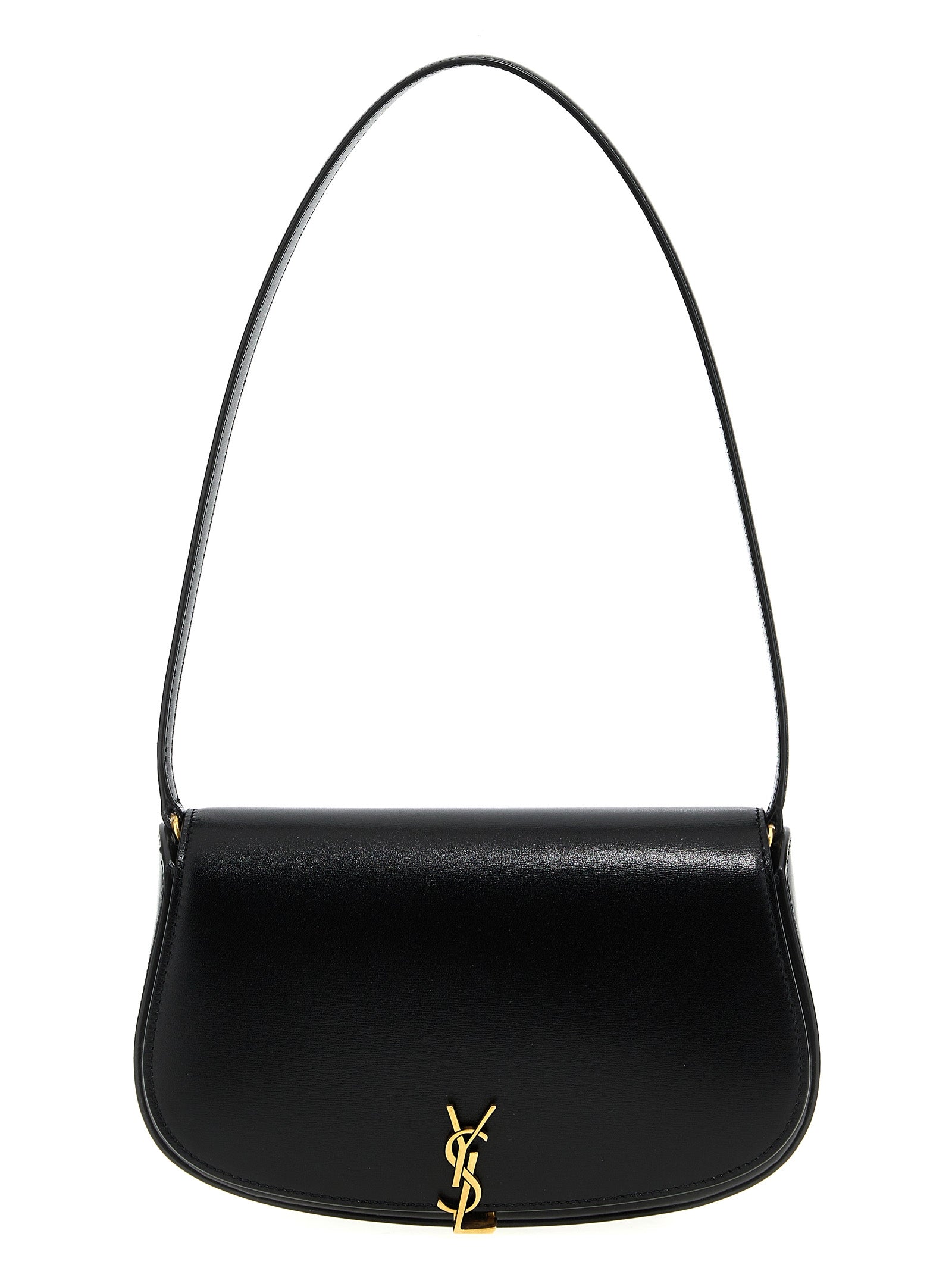 Sac à bandoulière en cuir de veau noir de Saint Laurent, élégant et sophistiqué, avec détail de la marque sur le devant.