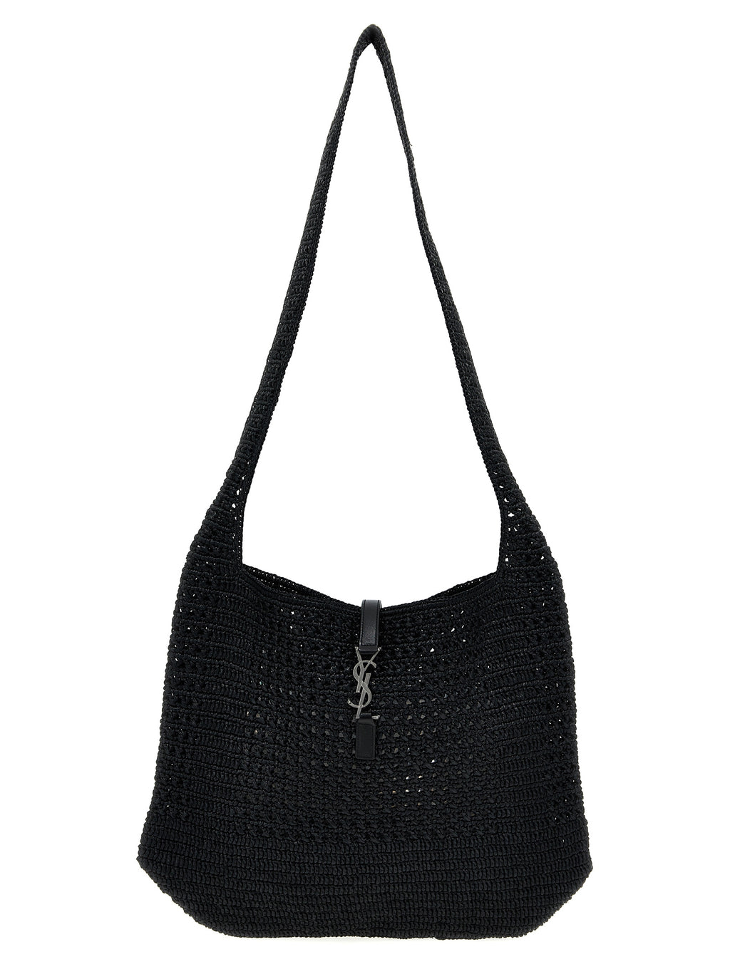 Sac cabas Saint Laurent en rafia noir avec détails élégants, idéal pour un style chic et sophistiqué.
