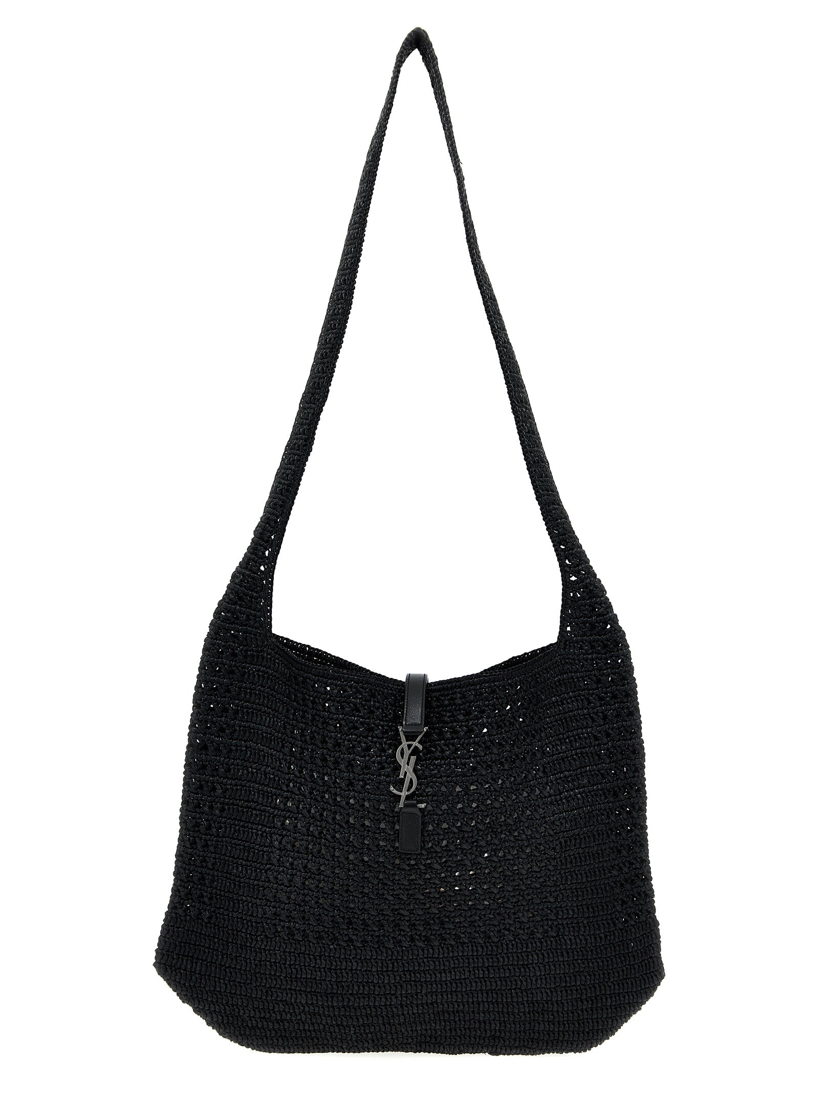 Sac cabas Saint Laurent en rafia noir avec détails élégants, idéal pour un style chic et sophistiqué.