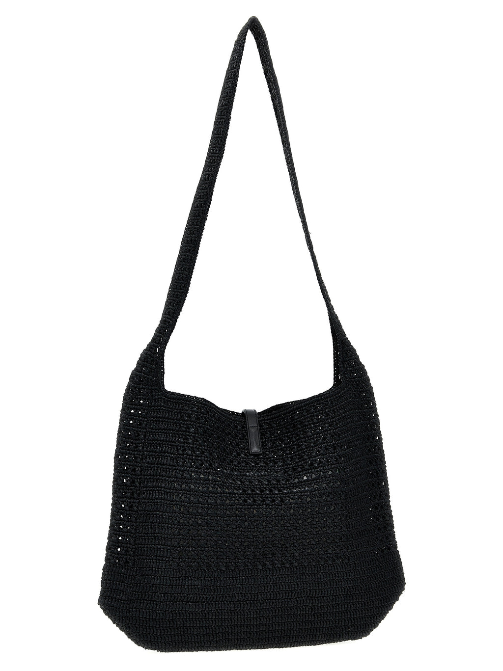 Sac cabas noir en raffia de Saint Laurent, avec poignées en cuir, vue de face avec détails de la texture en fibres naturelles.