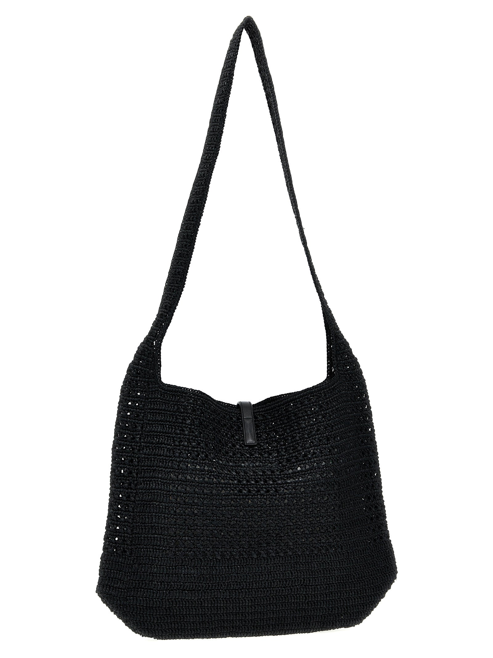 Sac cabas noir en raffia de Saint Laurent, avec poignées en cuir, vue de face avec détails de la texture en fibres naturelles.