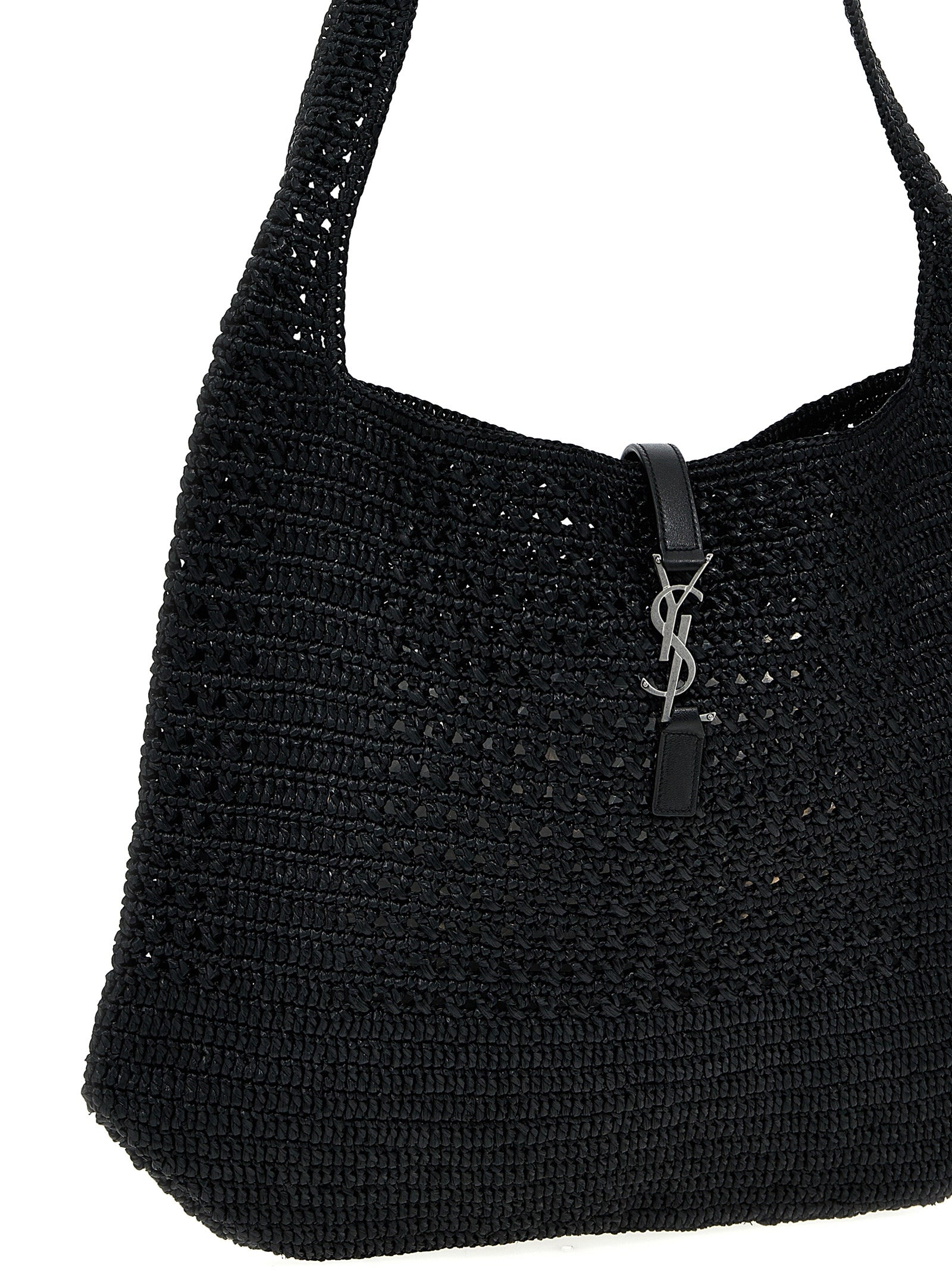 Sac à main Saint Laurent en raffia noir avec poignées en cuir, élégant et spacieux pour un style sophistiqué.