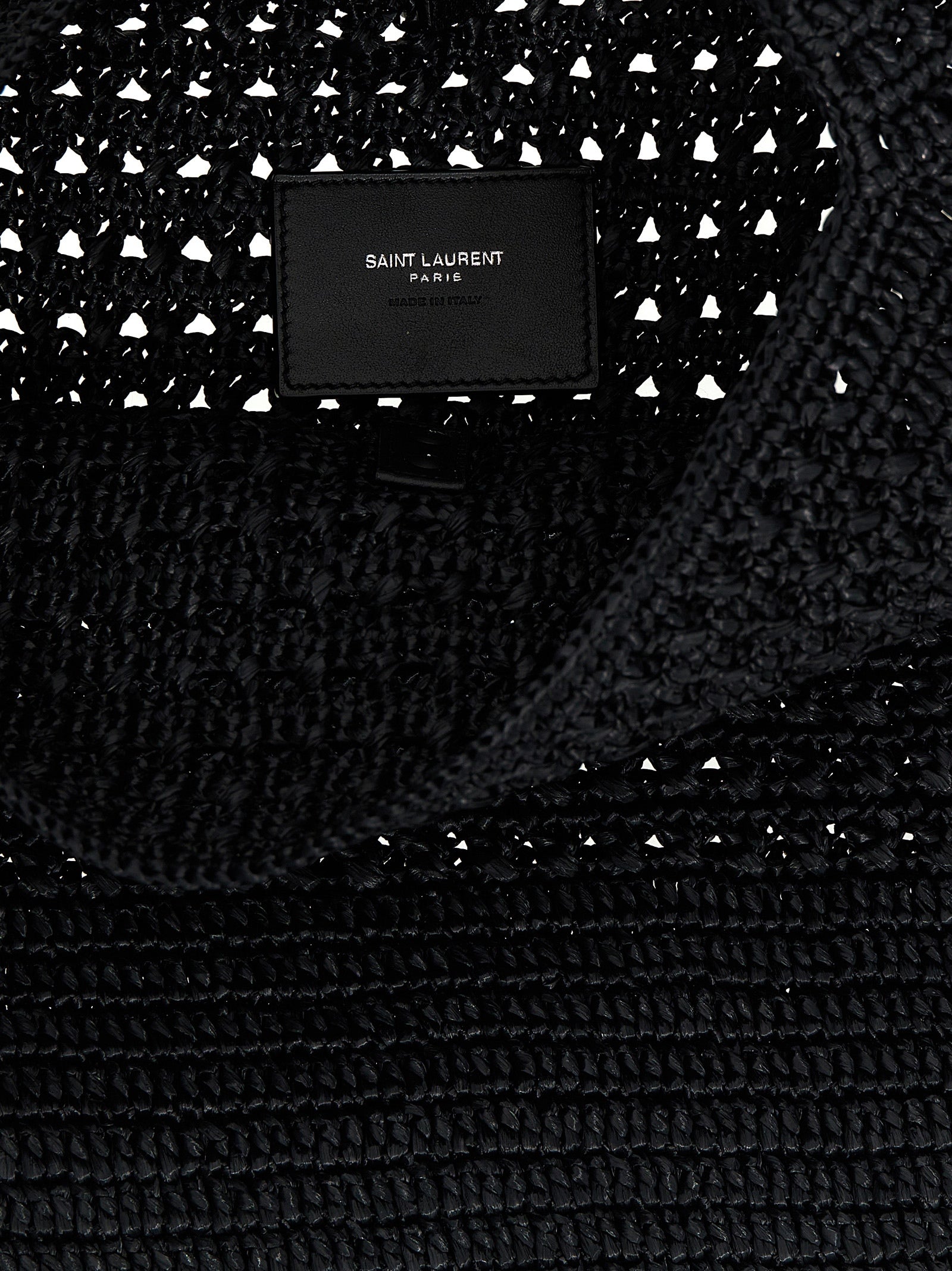 Sac cabas Saint Laurent en raffia noir avec poignées en cuir, design élégant et moderne pour un look sophistiqué.