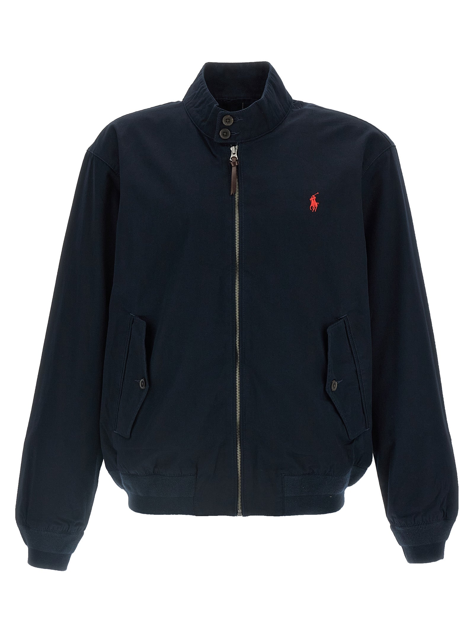 Veste bomber en coton bleu Polo Ralph Lauren, vue de face avec col et fermeture éclair visibles.