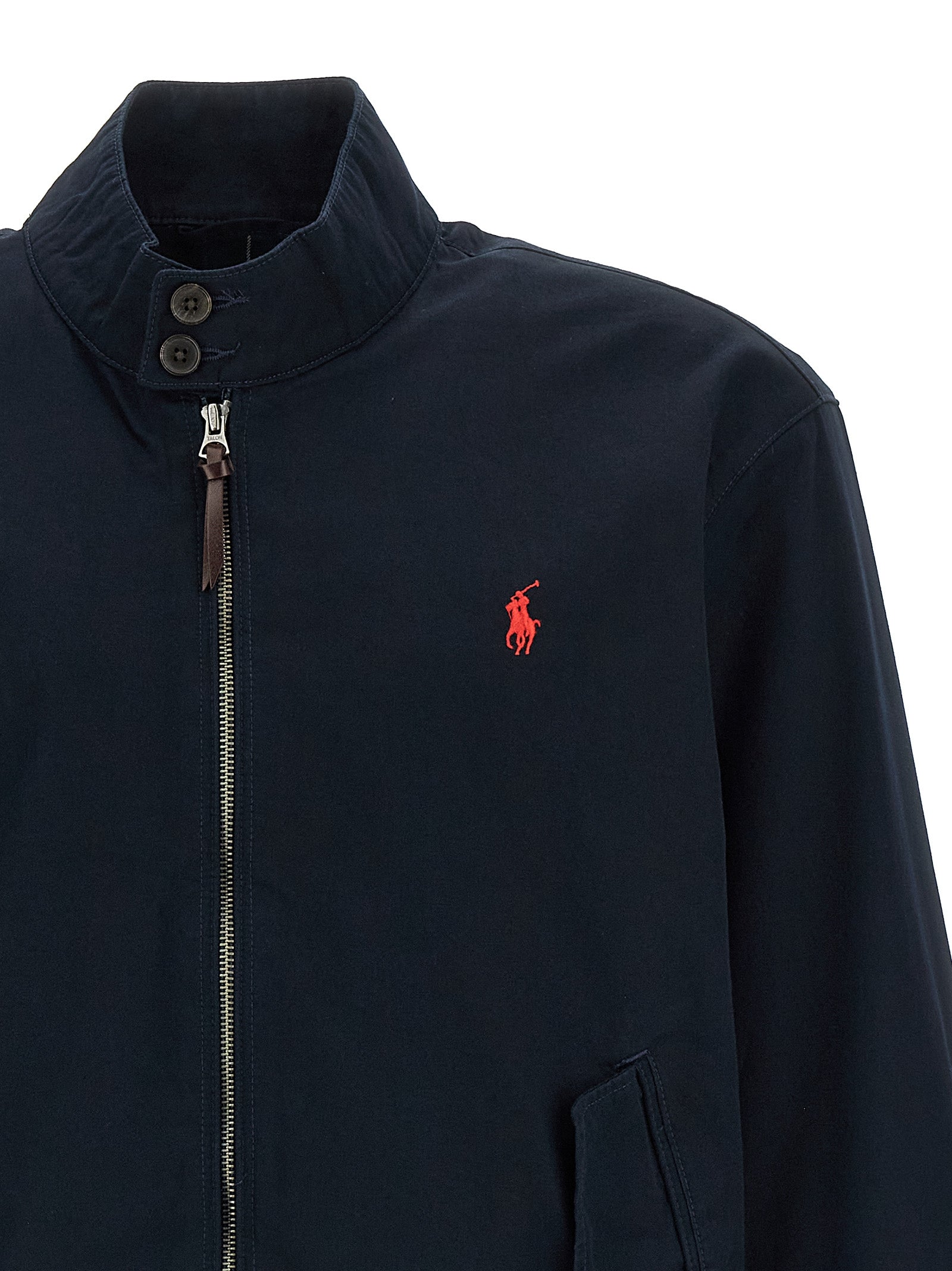 Veste bomber en coton bleu de Polo Ralph Lauren, style classique avec col ras du cou et fermeture éclair, vue de face.
