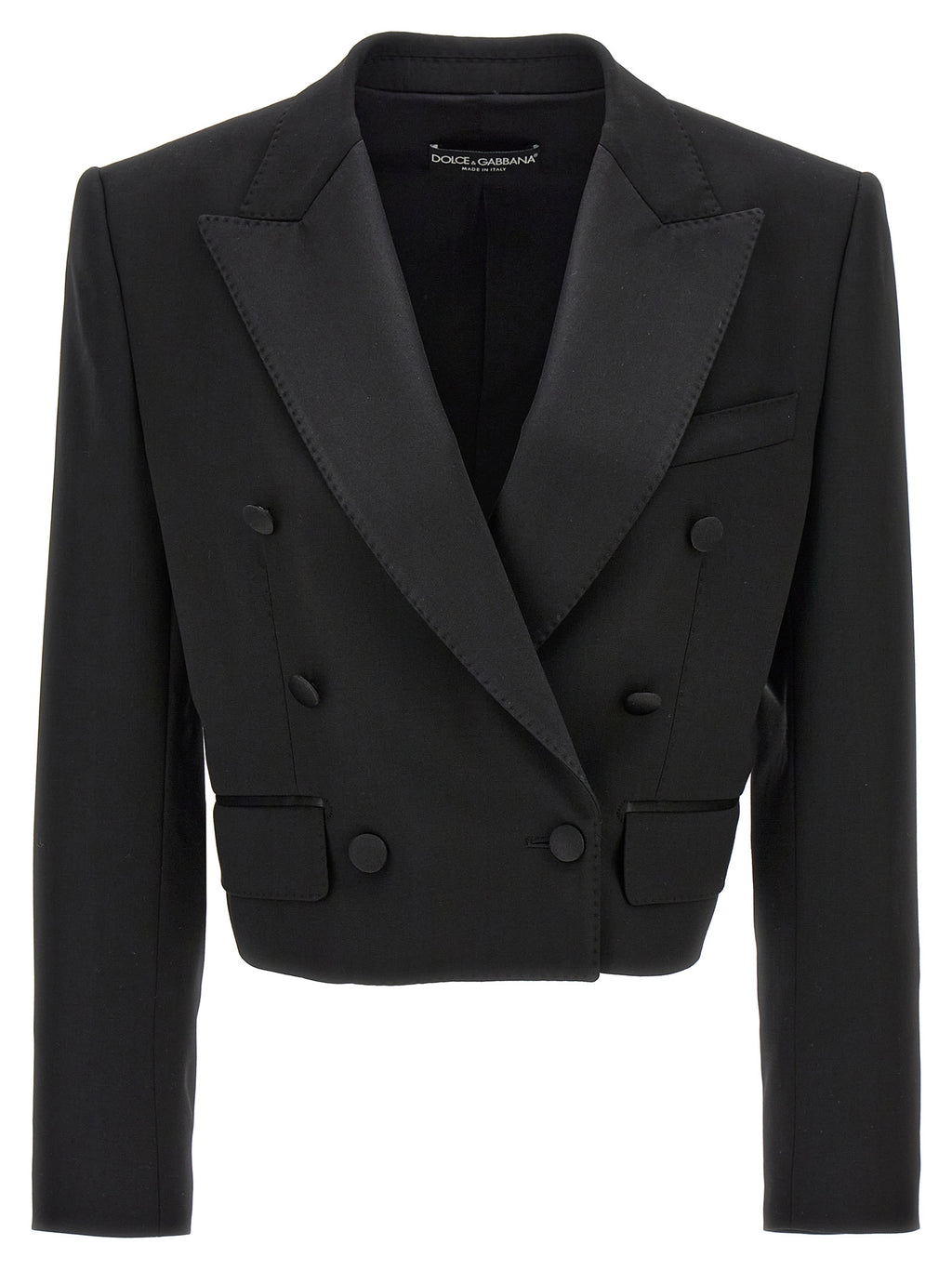 Veste blazer noire en laine vierge de Dolce & Gabbana, coupe élégante et moderne, portée sur un fond neutre.