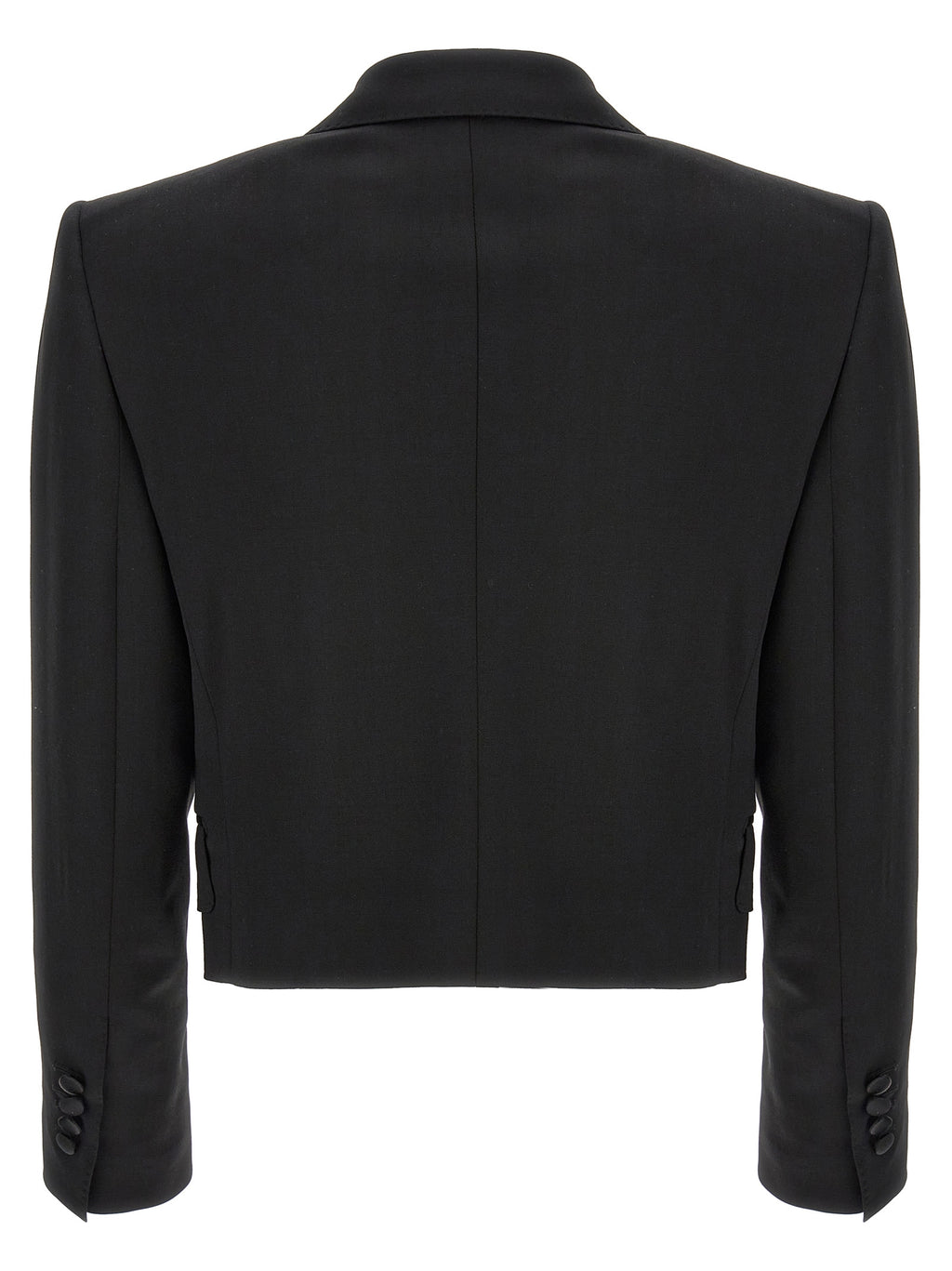 Veste blazer noire en laine vierge de Dolce & Gabbana, coupe élégante et moderne, portée sur un fond neutre.