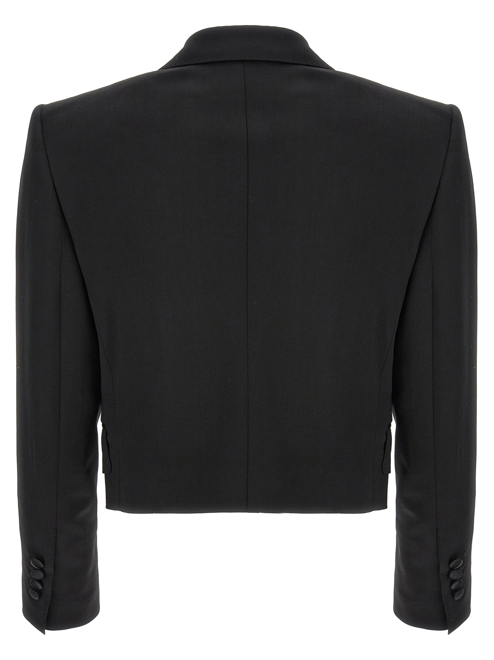 Veste blazer noire en laine vierge de Dolce & Gabbana, coupe élégante et moderne, portée sur un fond neutre.