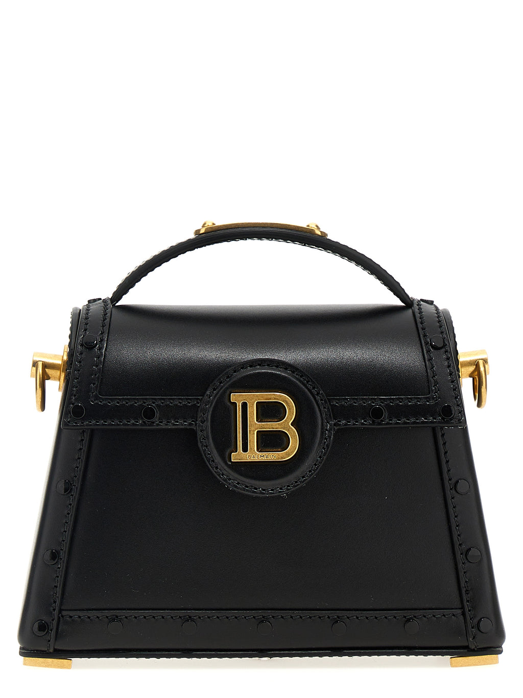 Sac à main en cuir de veau noir Balmain, élégant et sophistiqué, avec détails de luxe visibles sur l'image.